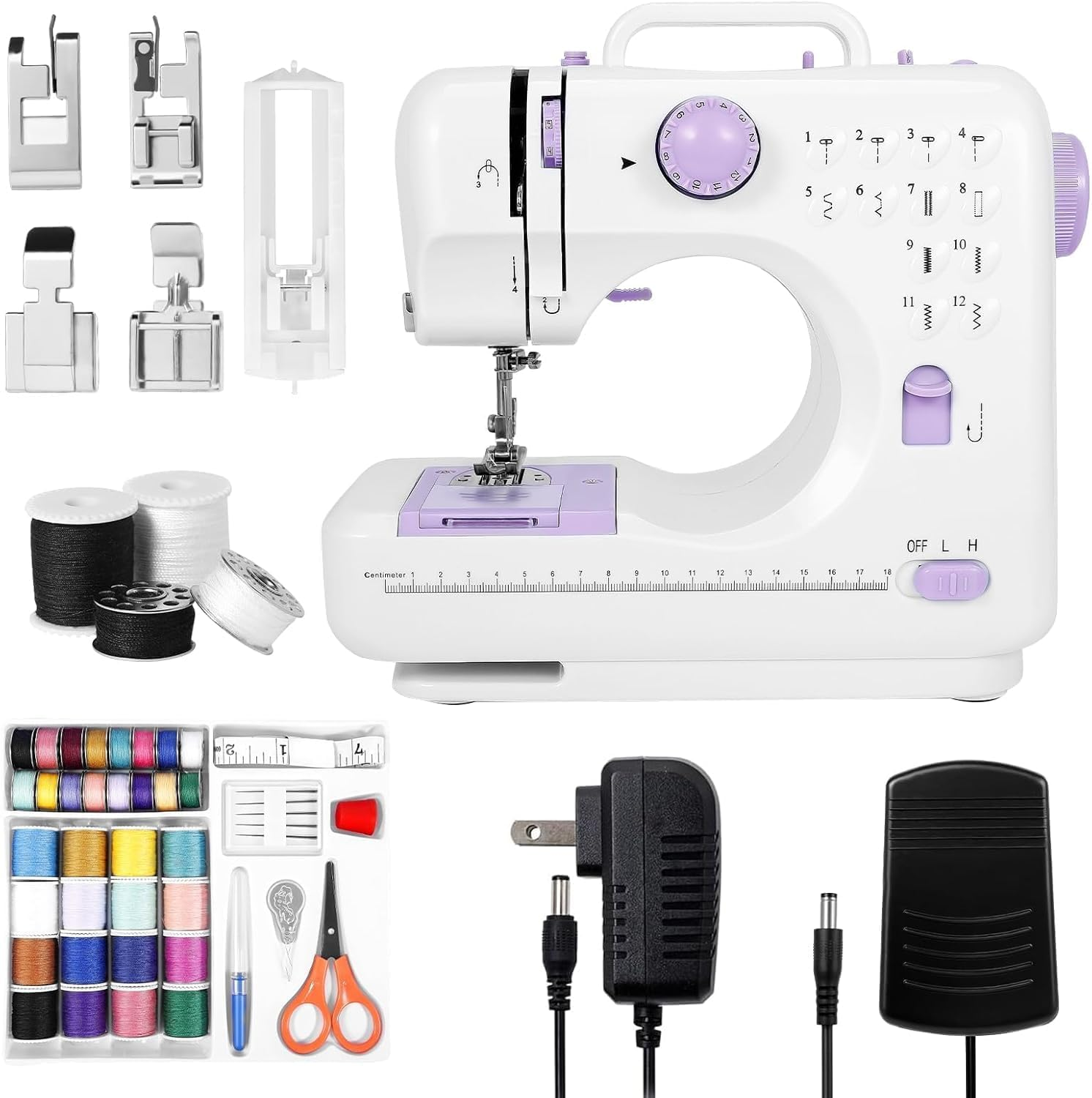 Portable Sewing Machine for Beginners, Mini Sewing Machine with 12 Built-In Stitches, 2-Speed Control, Foot Pedal, LED Light and 32-Color Thread Kit for Home Mending