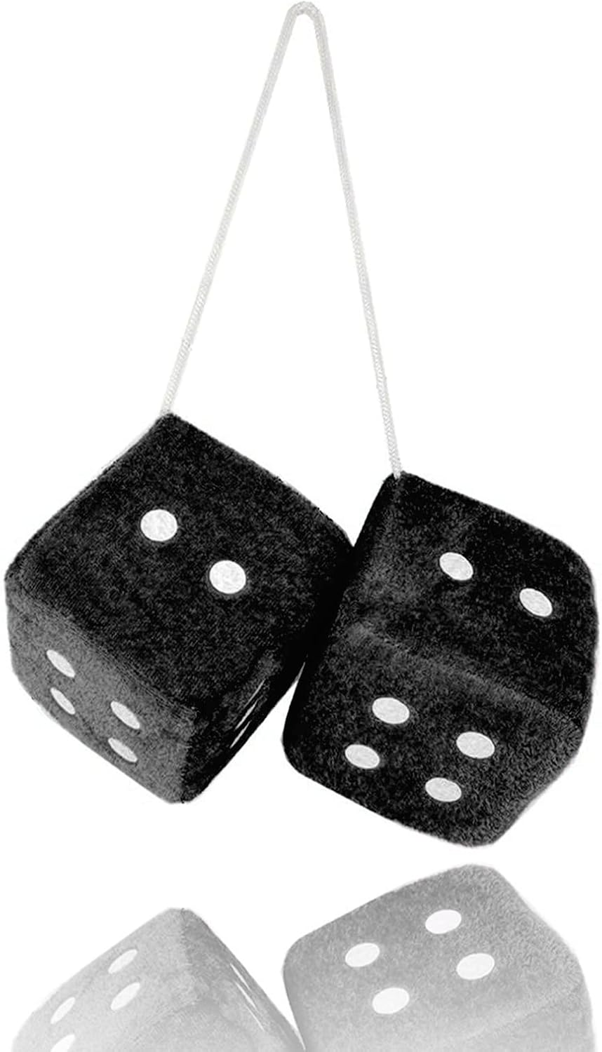 Eluckya Pair 2.75” Black Fuzzy Plush Dice Classic Vintage [Nostalgic 80’S Fuzzy Car Dice for Mirror ] for Automotive Interior Mirrors