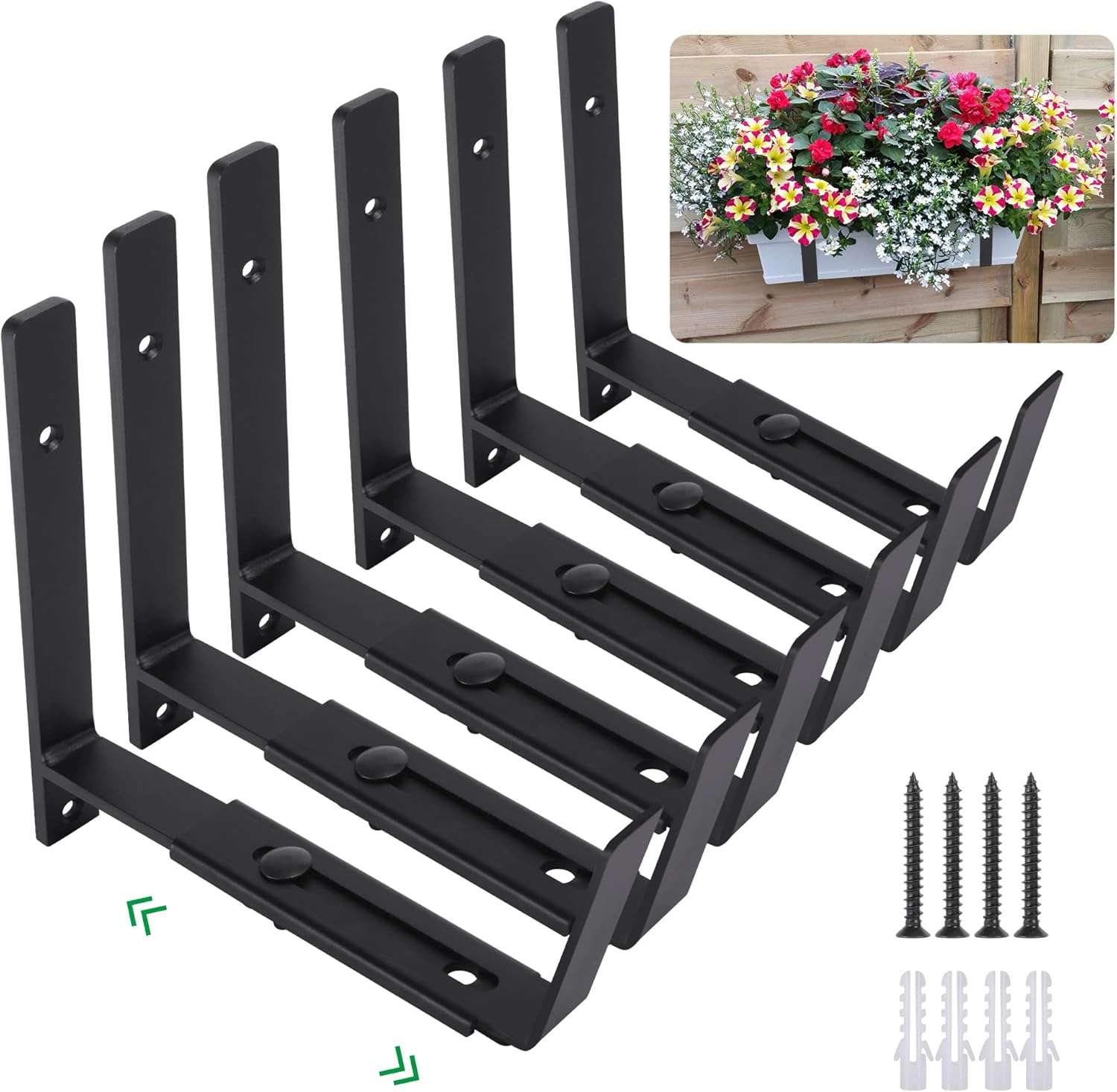 Adjustable Window Planter Box Brackets 6 Pack, Heavy Duty Wall Mount Flower Box Holder for Planter Box Depth (Front to Back) 6 to 12 Inches, Black