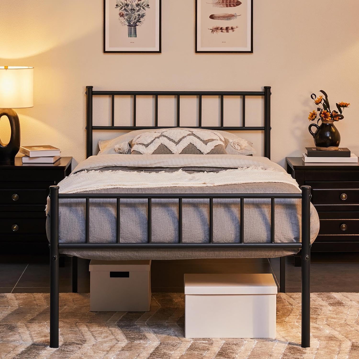 3Ft Single Metal Bed Frame Modern Style Bed Frame with Headboard and Footboard, Solid Slatted Base Black