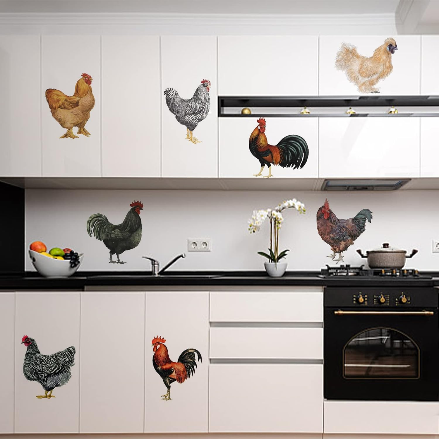 PLIGREAT 8 Pcs Roosters Hens Wall Stickers, Removable Vinyl Peel and Stick Wall Decals for Kitchen Pantry Playroom Nursery Farmhouse Wall Decoration Home Indoor DIY Window Fridge Door Wall Art Decor