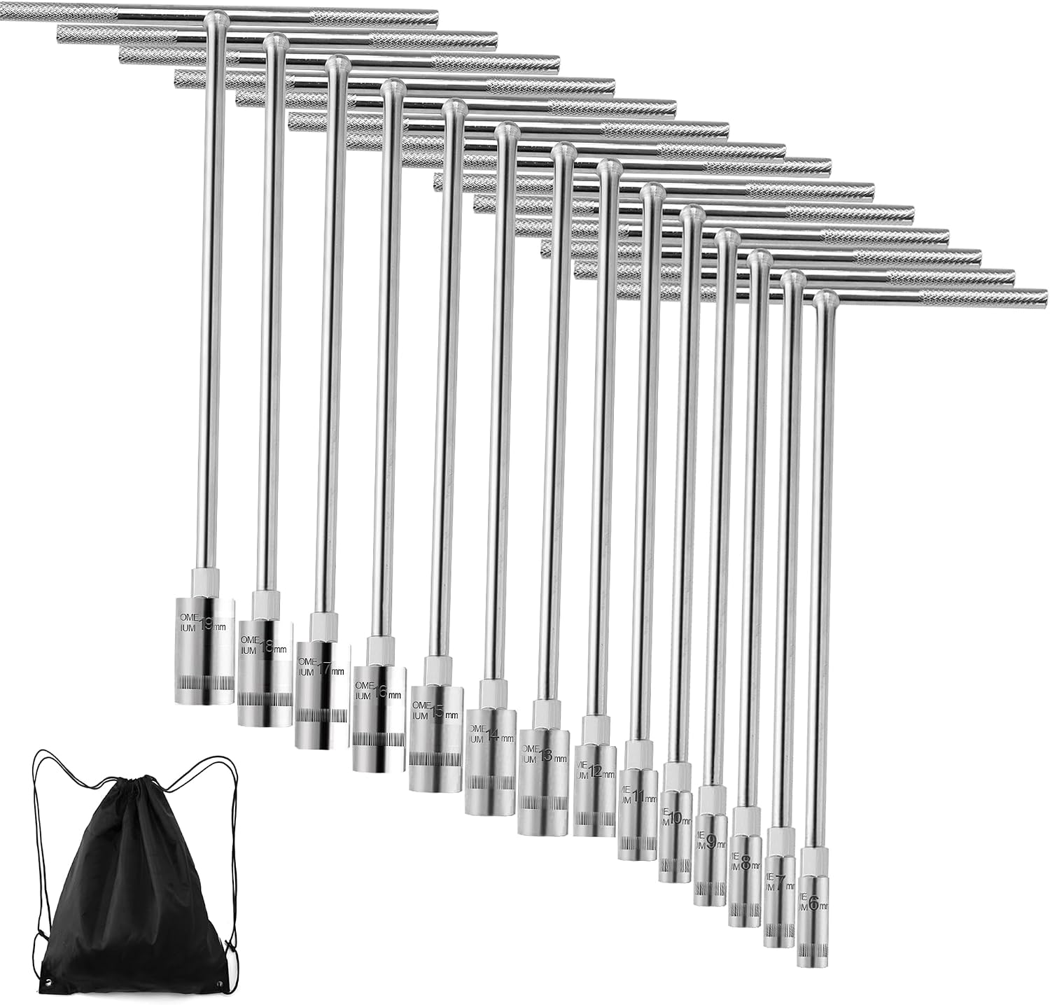 T-Handle Socket Wrench Set, 14PCS Metric Handle Wrenches - 6, 7, 8, 9, 10, 11, 12, 13,14, (15_19Mm), 6-Point Hex Socket Lug Wrench for Motorcycle Car Bicycle Repair, Chrome Vanadium Steel