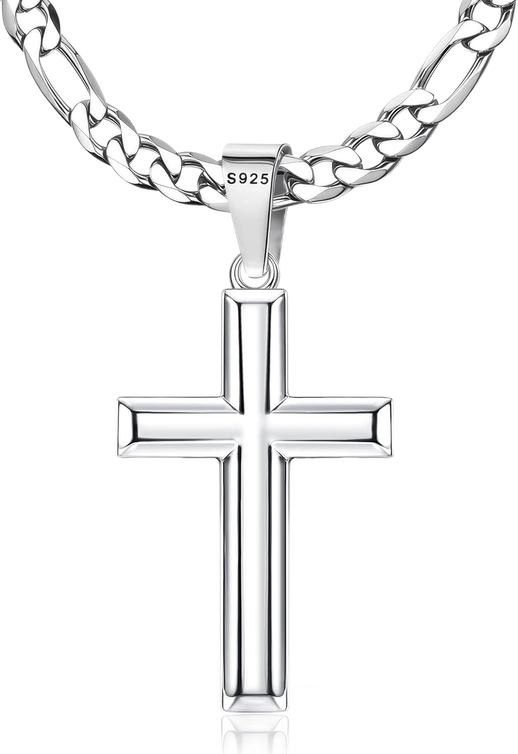 925 Sterling Silver Cross Necklace for Men Women - 5Mm Durable 316L Stainless Steel Figaro Link Chain with Beveled Edge Cross Pendant, Silver Crucifix Necklaces Jewelry, 16-30'' Christian Baptism Gift