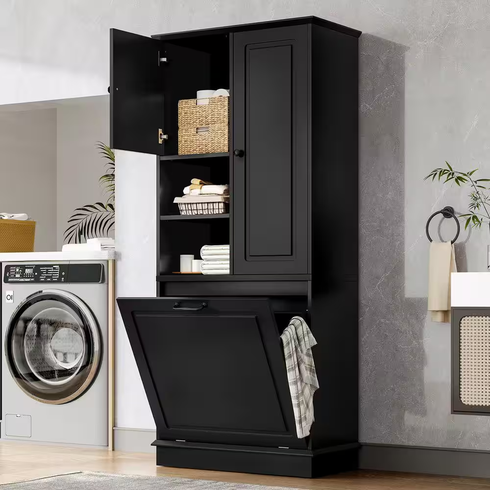 68-Inch Black MDF Kitchen Storage Cabinet, Freestanding Linen Cabinet with Flip-Out Basket and Adjustable Shelves