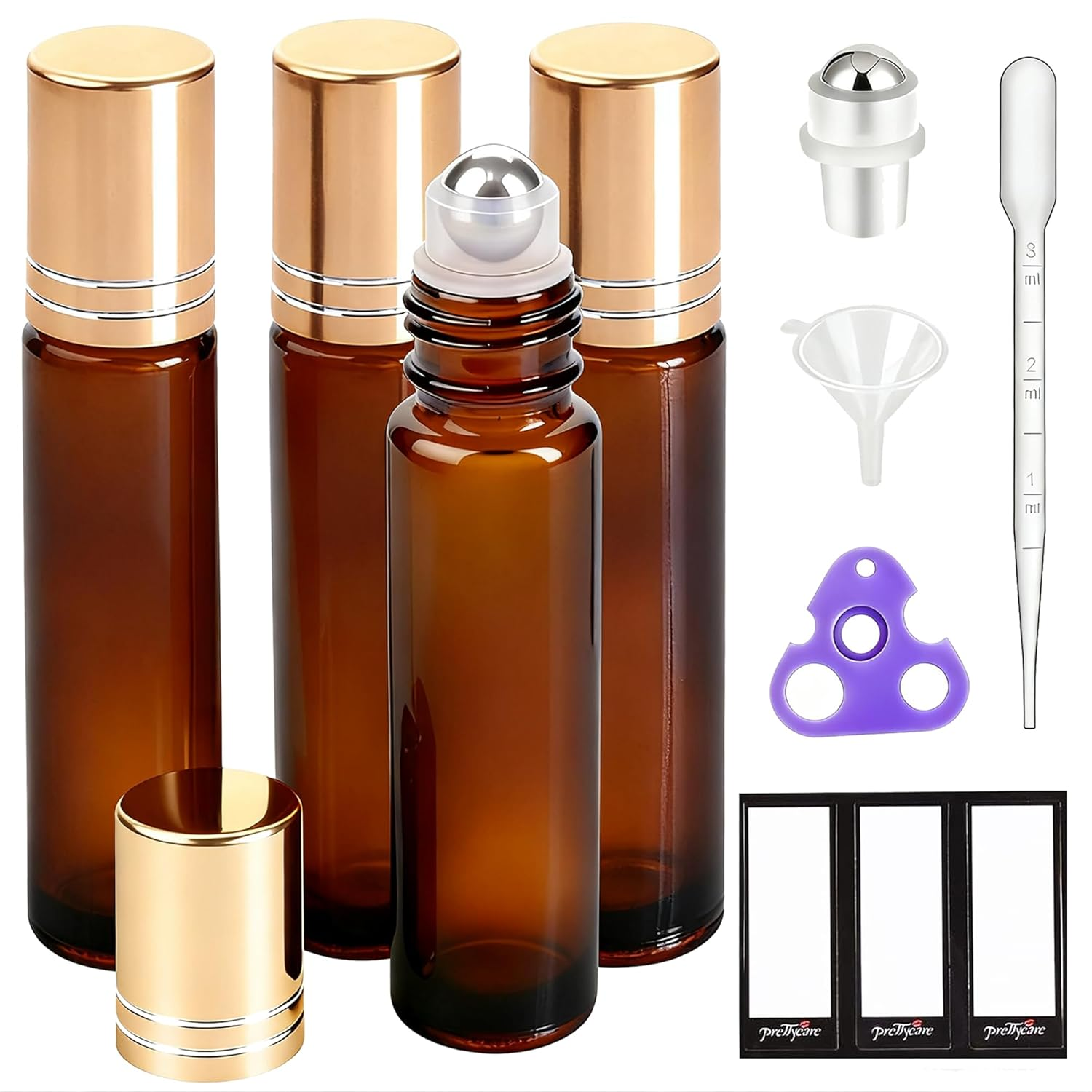 4 Pack Amber Glass Oil Roller Bottles for Essential Oils 10ml, Roll On Bottles with Stainless Steel Roller Ball Leak-Proof Perfume Travel Refillable Bottle Empty, Beauty & Personal Care