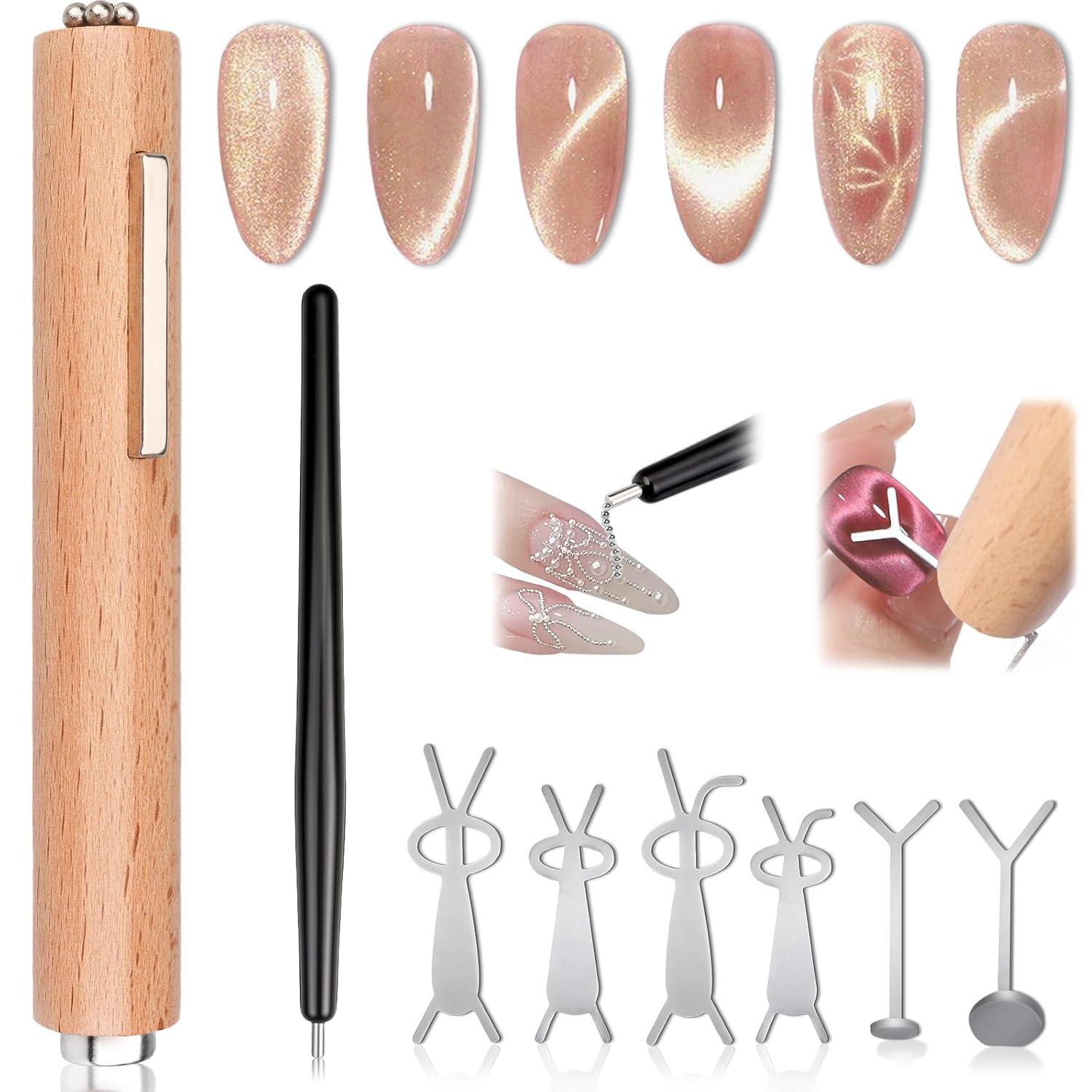3 in 1 Cat Eye Nail Magnet Tool Set, Wooden Handle Gel Wood