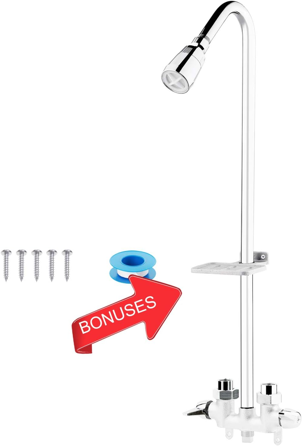 Outdoor Shower Fixture System,With Rustproof Riser and Riser Extension, Double Handle Utility Shower Faucet with Showerhead and Soap Dish, Polished Chrome