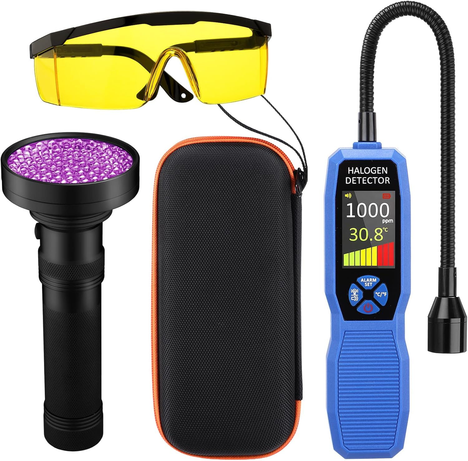 HVAC Refrigerant Automotive Leak Detector with LCD Display, LED Light & Audio & Visual Alarm Car AC Leak Detector Kit UV Flashlight Protective Glasses for R134A R410A R22 R32 R1234Yf