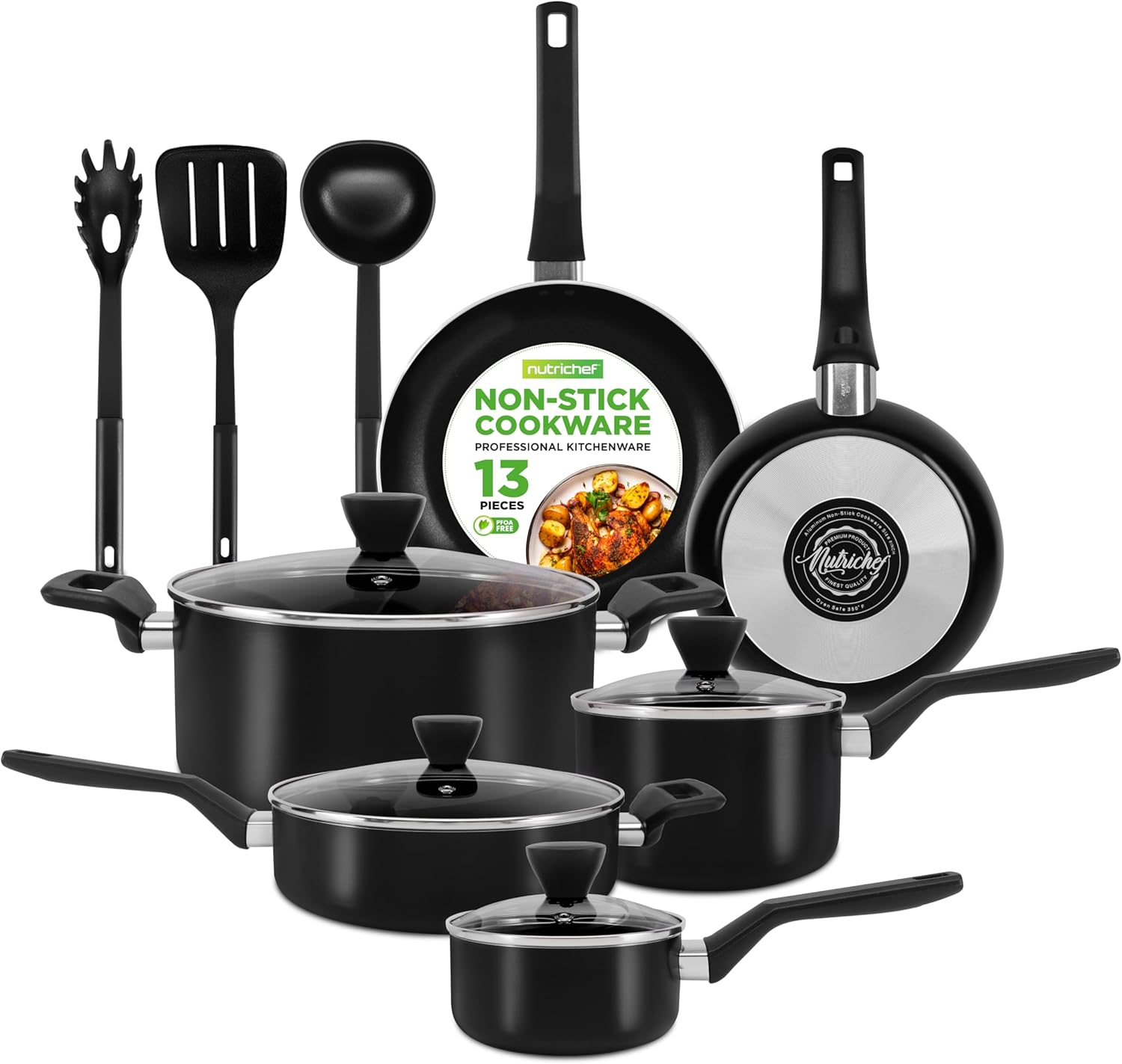 13-Piece Nonstick Cookware - Heat Resistant Kitchen Ware Set W/Saucepan, Frying Pans, Cooking Pots, Casserole, Lids, Ladle, Fork, Strainer - NCCWA13, Black