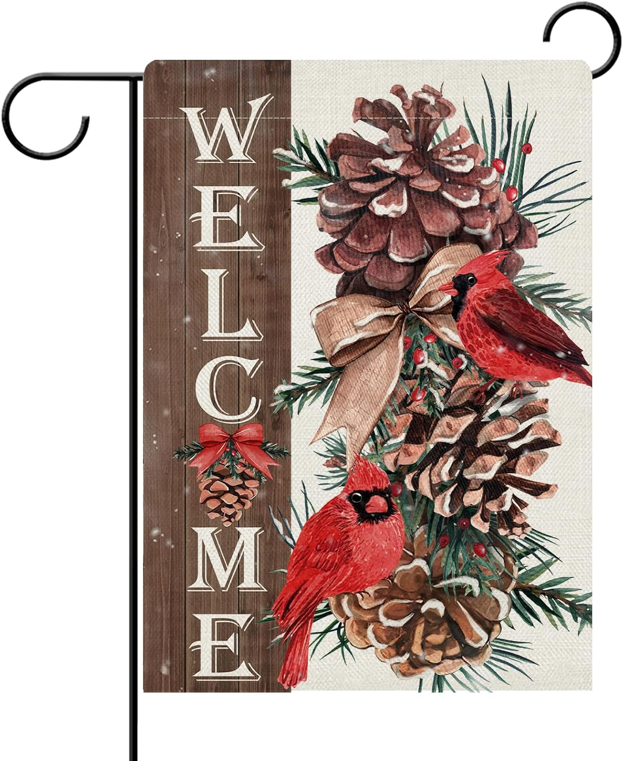 Welcome Winter Cardinal Decorative Garden Flag, Red Bird Pine Cone Yard Outside Home Decorations, Christmas Seasonal Farmhouse Rustic Burlap Outdoor Small Decor Double Sided 12 x 18