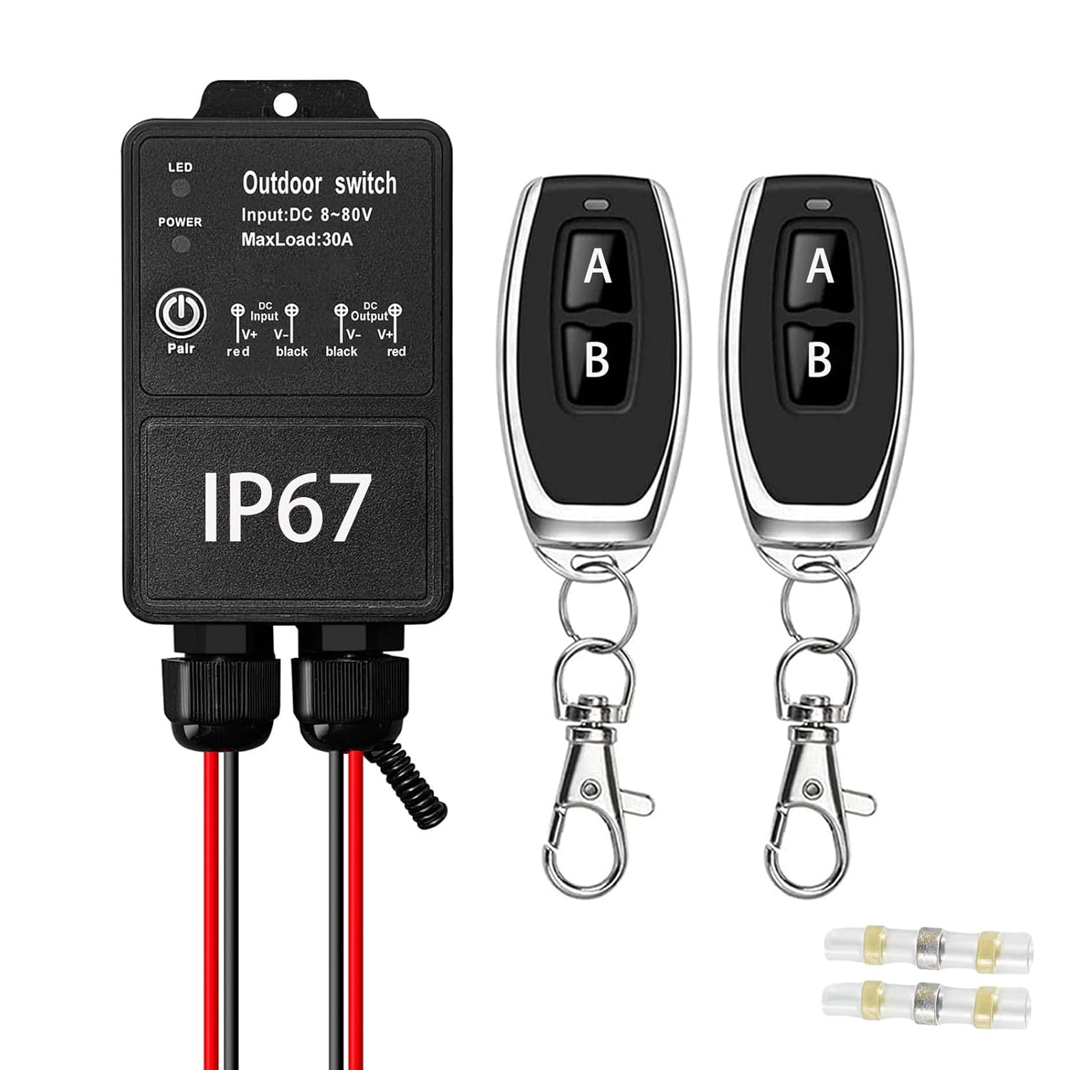 12V Remote Control Switch. IP67 Waterproof DC8-80V 30A Relay Wireless Switch with 328FT Long Range, 433Mhz Remote Kit for Lighting, Door, Water Pump, Motor (DC 8-80V)