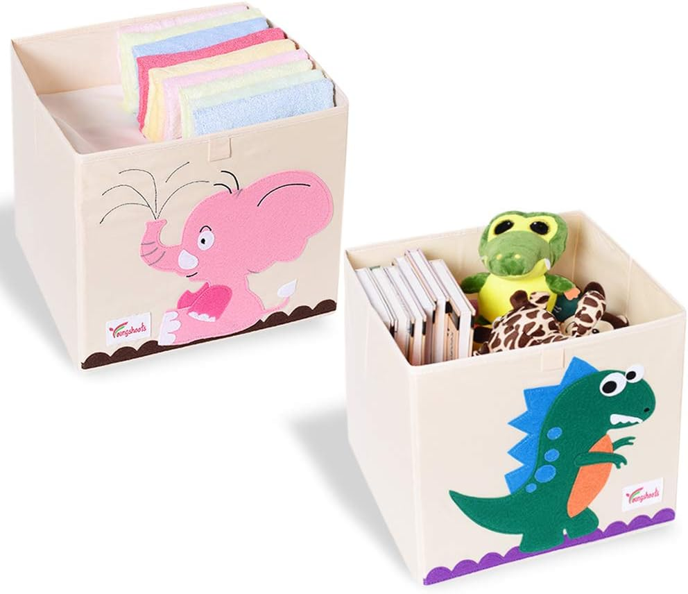 2 Pcs Foldable Animal Toy Storage Box/Bin/Cube, Collapsible Storage Organizer Chest Basket Container for Boys and Girls(13 x 13 x 13 Inch, Dinosaur & Pink Elephant)