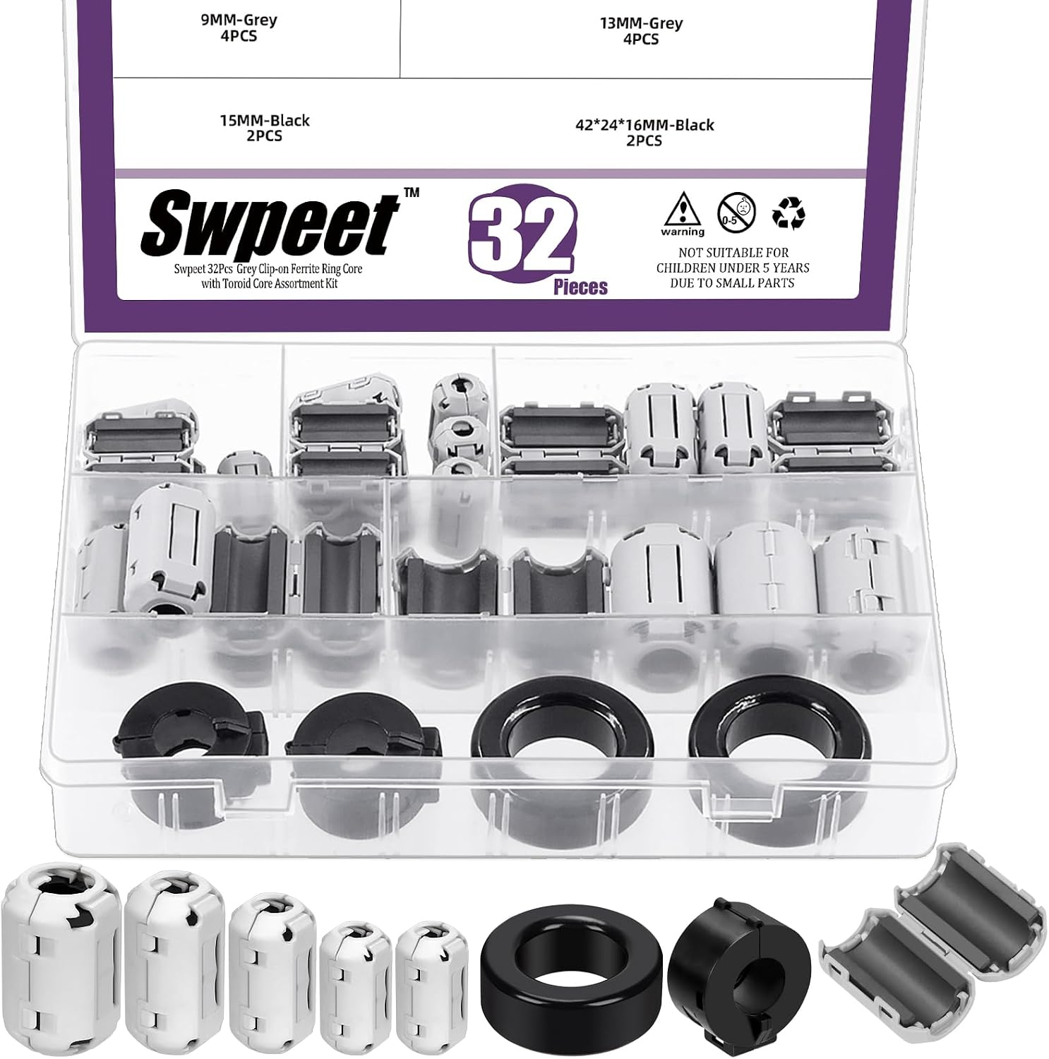 Swpeet 32Pcs 7 Sizes Grey Clip-On Ferrite Ring Core with Toroid Core Assortment Kit, RFI EMI Noise Suppressor Cable Clip for 3.5/5/7/9/13/15/42 * 24 * 16Mm Diameter HDMI USB Cable