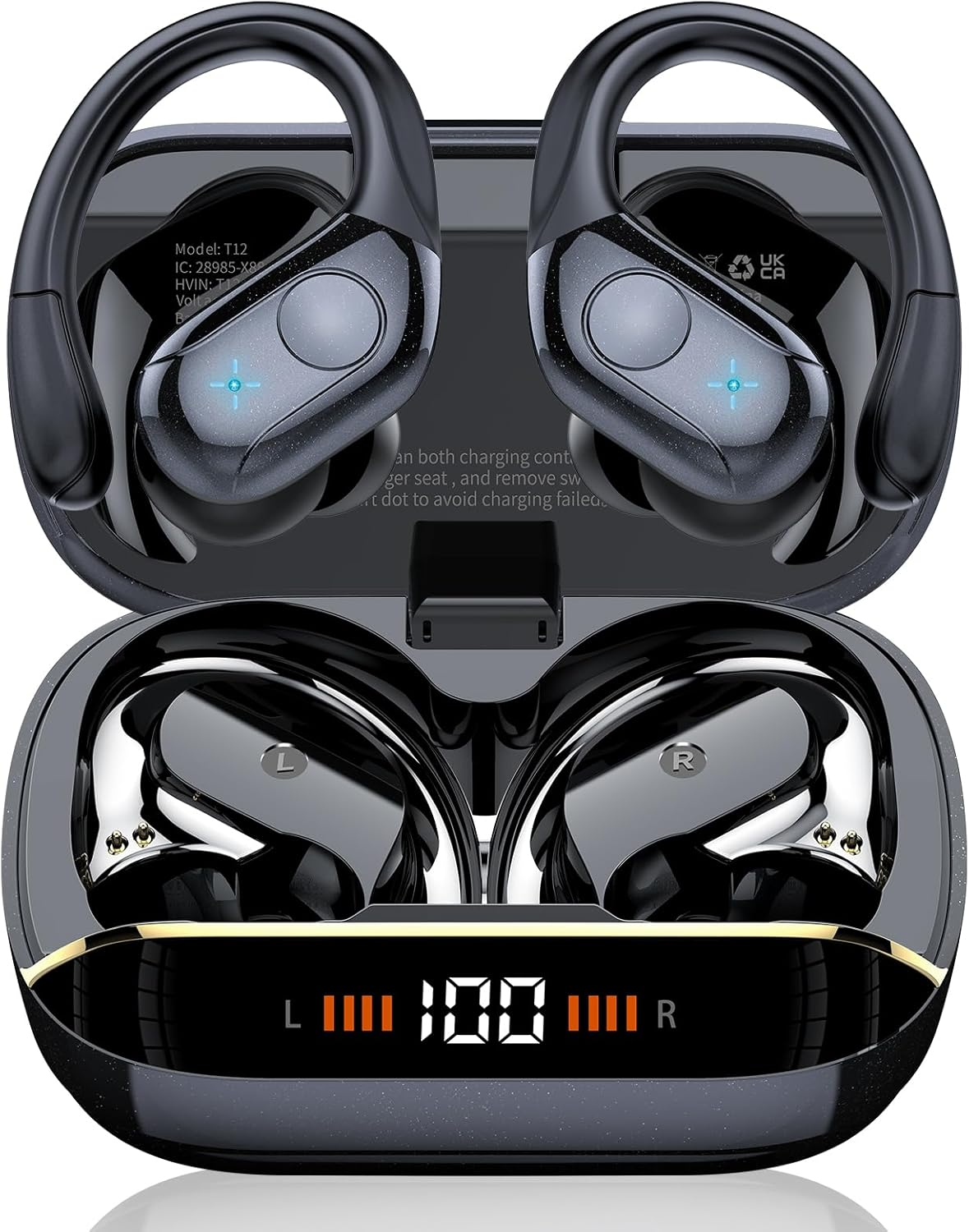 Wireless Earbuds Bluetooth 5.4 Headphones 75H Stereo Deep Bass Sports over Ear Buds with Earhooks, LED Display Bluetooth Earbuds with 4 ENC Mic, IP7 Waterproof Earphone for Running, Black