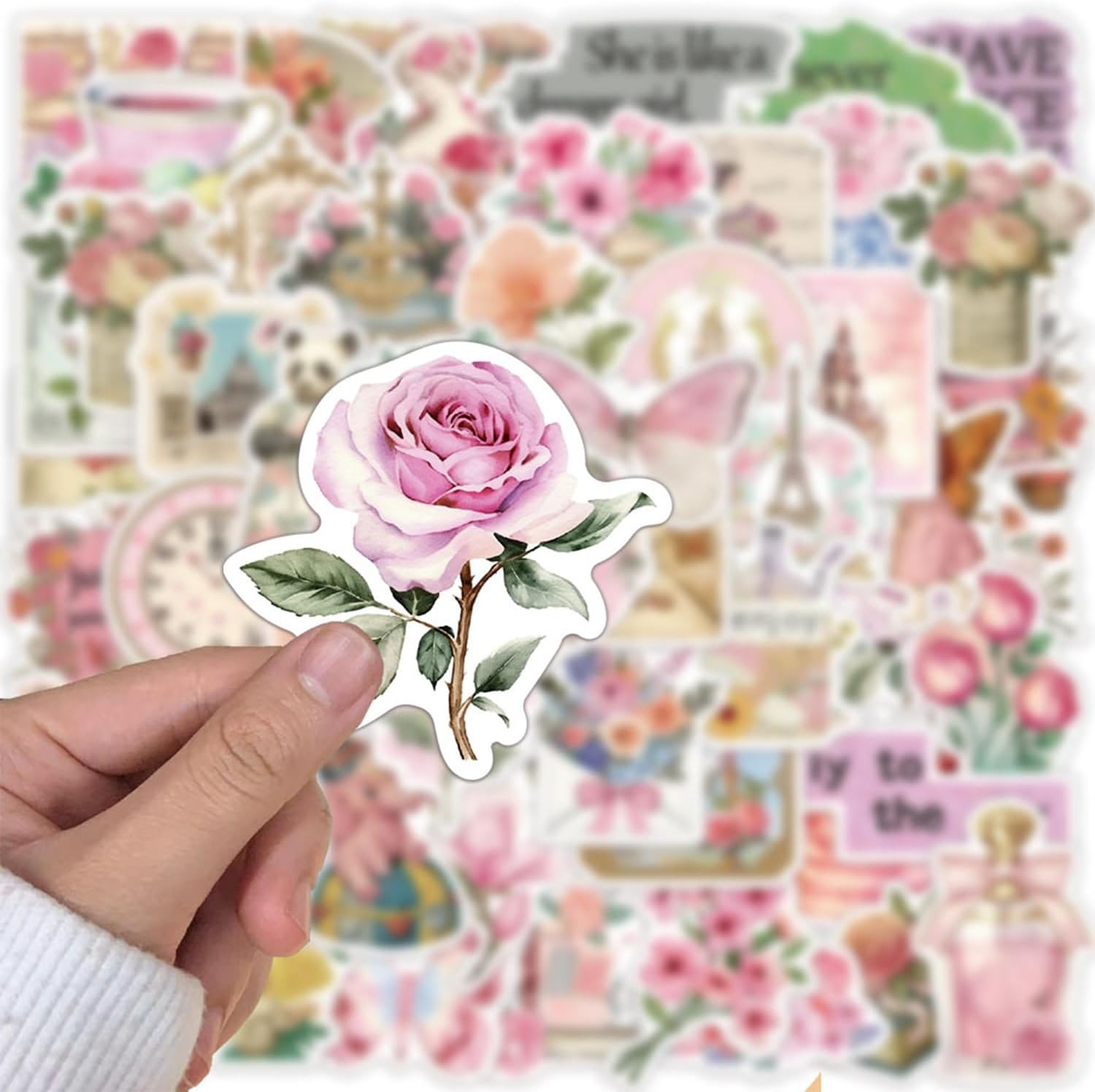 50PCS Retro Pink Collage Doodles Sticker Butterfly Flower Letter Theme PVC St... - Picture 3 of 14