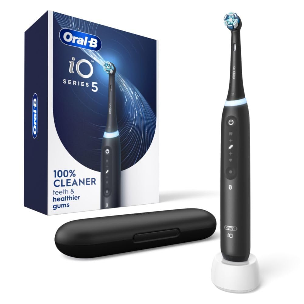 Oral-B Io Series 5 Rechargeable Electric Toothbrush with Visible Pressure Sensor to Protect Gums, 2 Minute Timer, 5 Cleaning Settings, 1 Replacement Toothbrush Heads, and Travel Case, Black