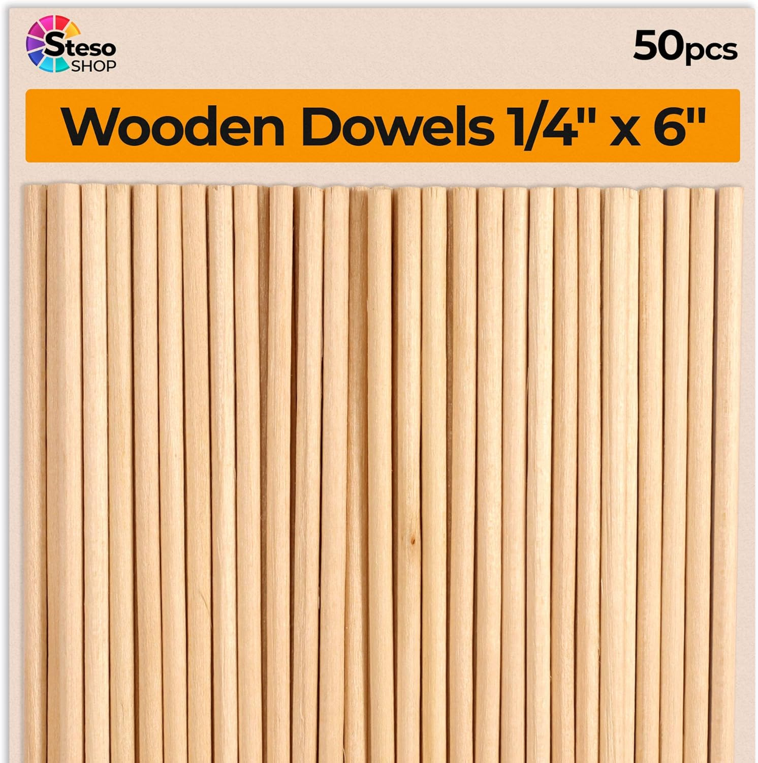 Wooden Dowel Rods 6 Inch - 1/4 Hardwood Dowels - Craft Dowels for Woodworking Project 50 Pcs - for Model Building Games Kids Crafts Handmade Gifts Home Decor - 1/4