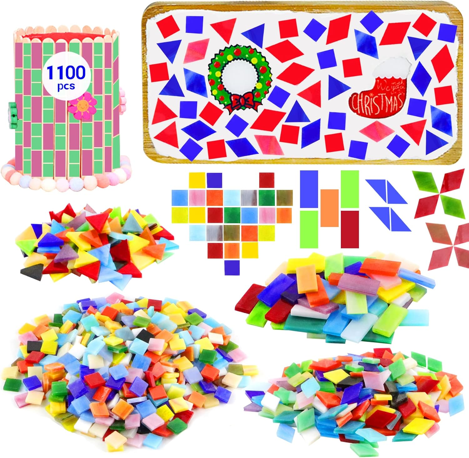 1100 Pcs Mosaic Tiles, Glass Mosaic Tiles for Crafts Bulk, Stained Mosaic Glass Pieces, Mosaic Supplies for Home Decoration, Art Crafts, DIY Projects, Opaque (Mixed Shape)