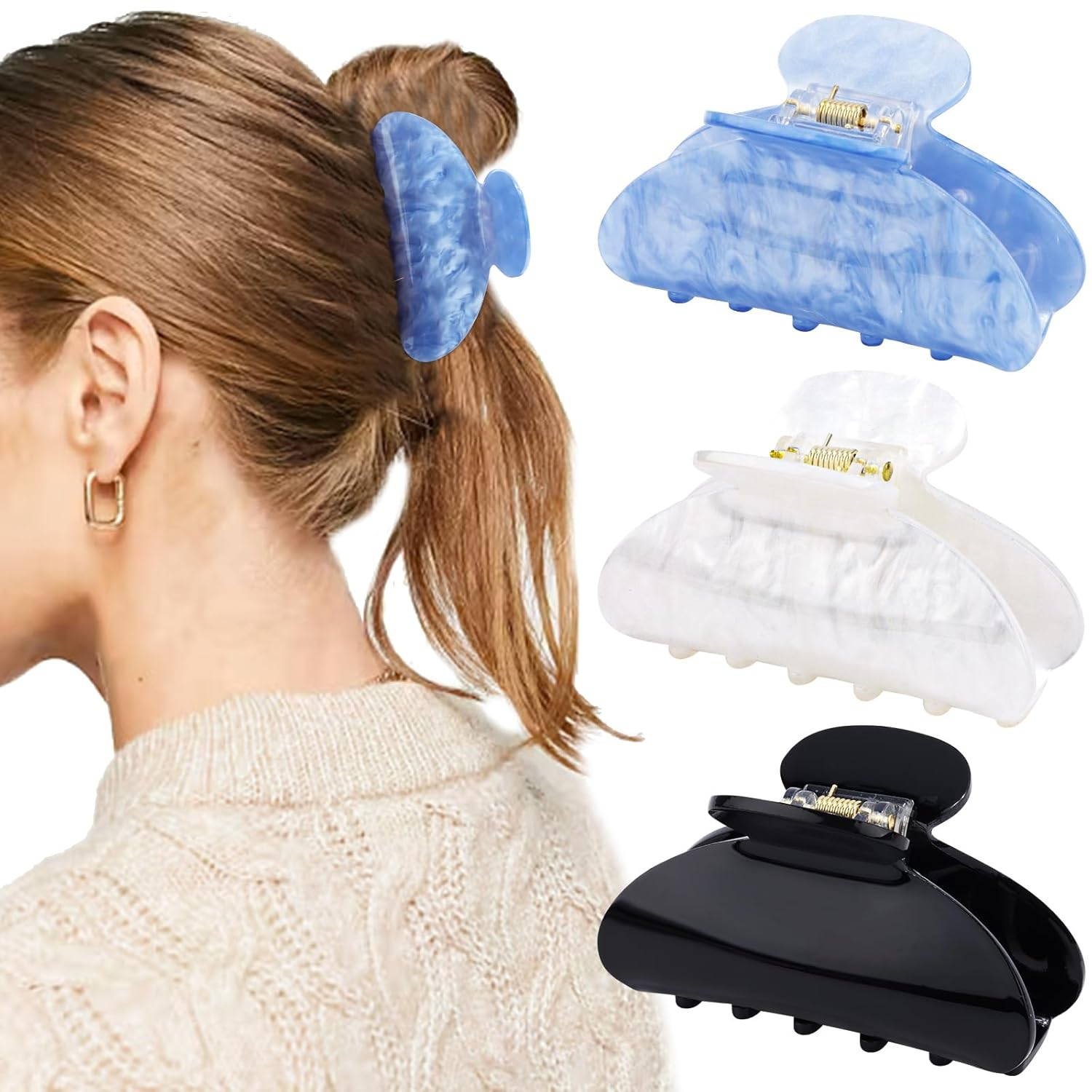 Hair Claw Clips for Women Acrylic Marbled Hair Clips for Thick Thin Hair Emi Cute Hair Accessories Preppy Teen Girl Gifts Trendy Stuff Black White Blue