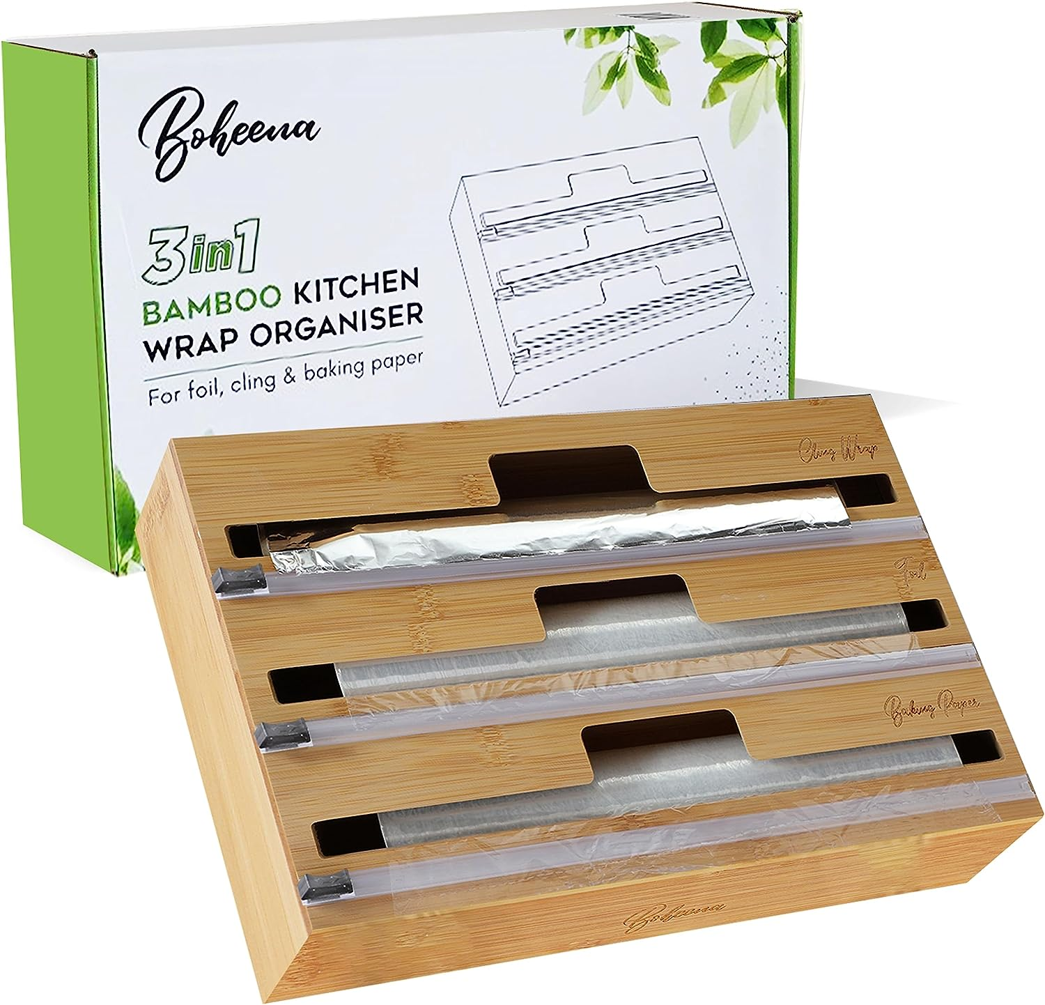 Boheena Bamboo Cling Wrap Dispenser with Cutter 33cm | 3-in-1 Foil and Wrap O... - Picture 12 of 14