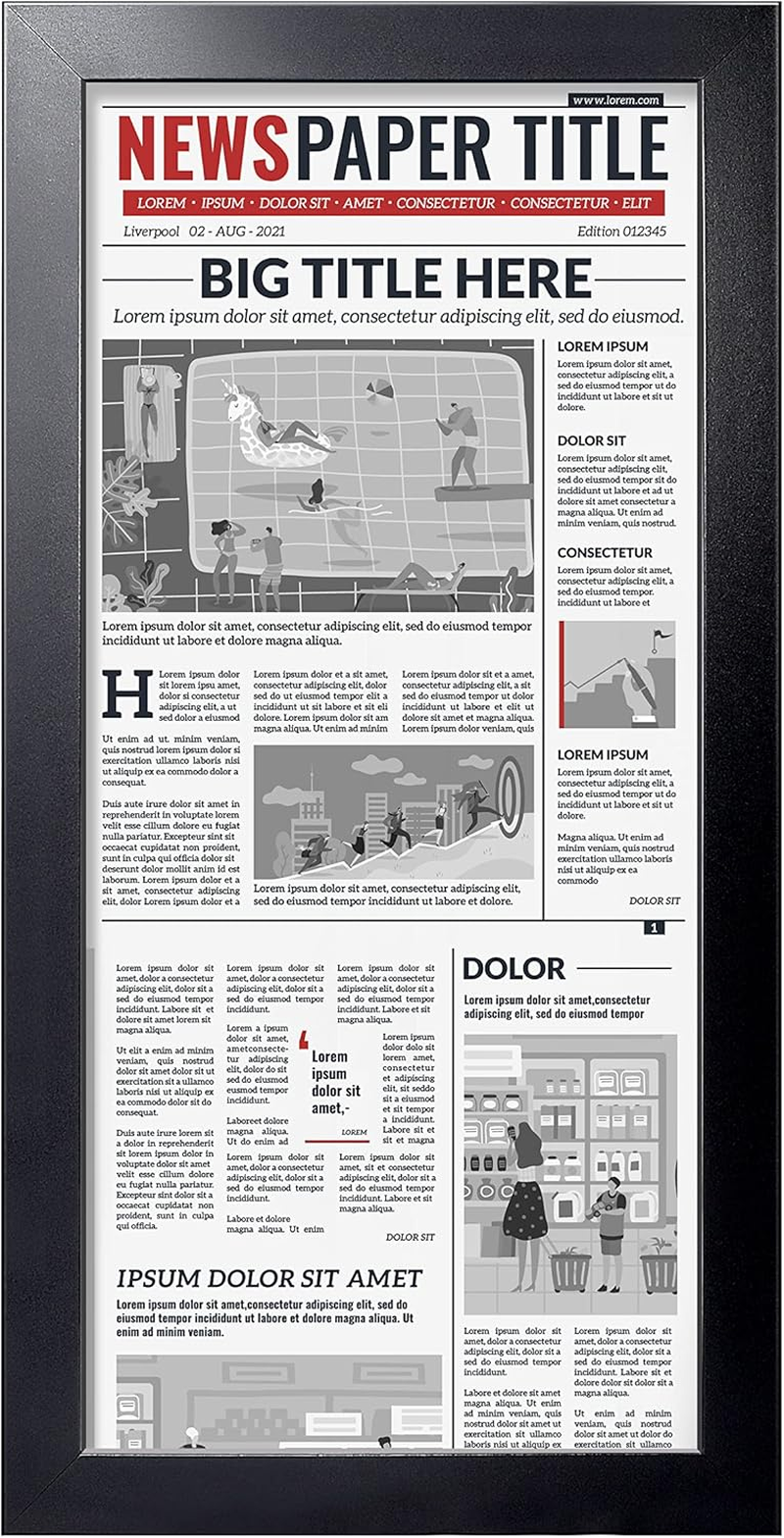 11X22 Newspaper Frame without Mat, Black Frame with High Definition Plexiglass, Fits 11X22 Inch Newspaper, Assorted Media Cover Frame（1 Pack）