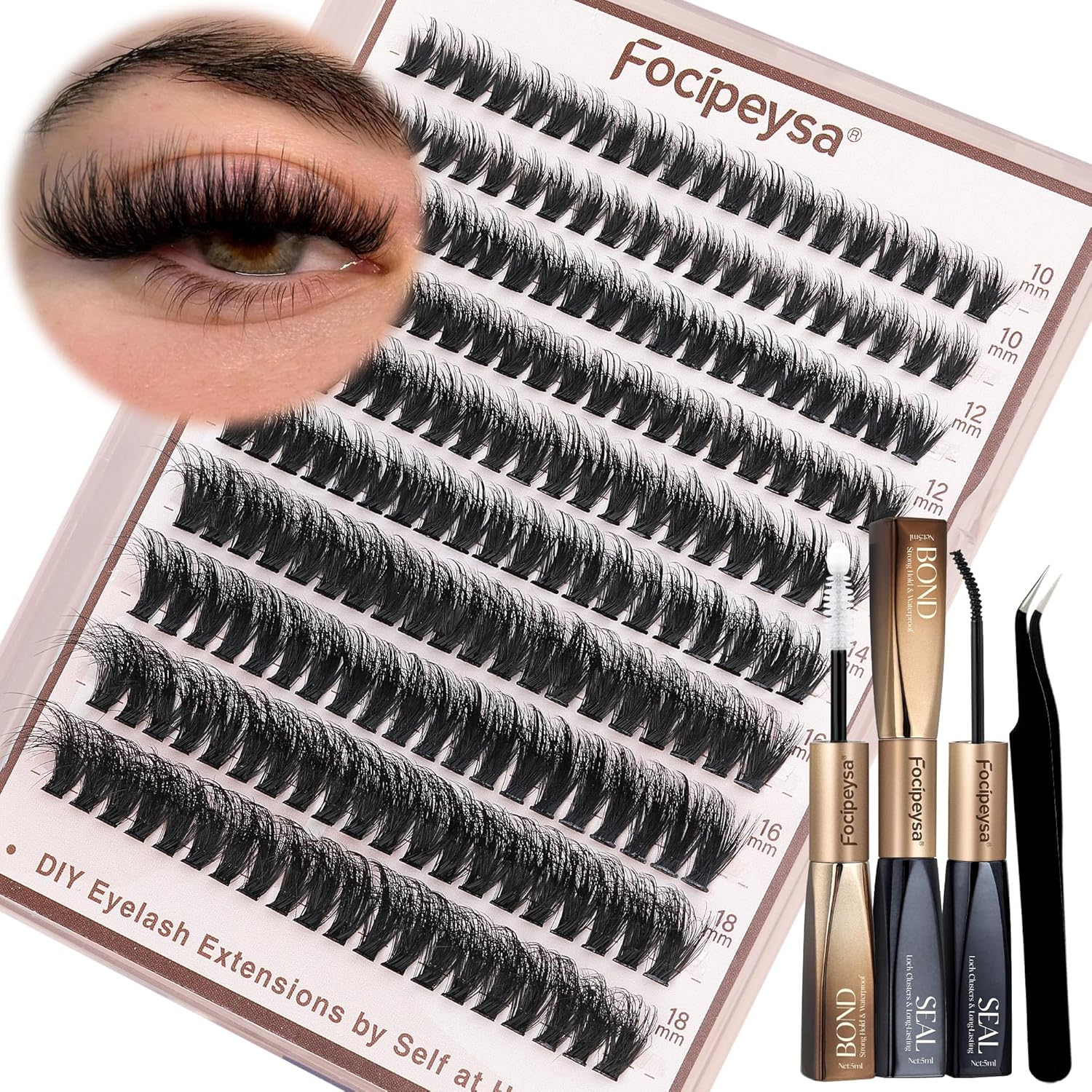 Volume Lash Clusters Kit D Curl Lashes Extensions Thick Volume Eyelash Clusters DIY Eyelash Extension with Lash Glue Lash Bond and Seal 10-16Mm Fluffy Cluster Eyelash Extension DIY Lashes