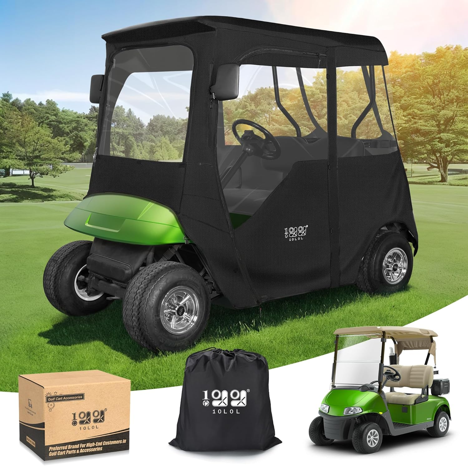 600D Golf Cart Enclosure 2 Passenger for EZGO TXT RXV, Waterproof Driving Enclosure Cover with Side Mirror Opening/Transparent Tail Light Panel/Smooth Zipper/4-Sided Clear Windows- Roof 59 Inch