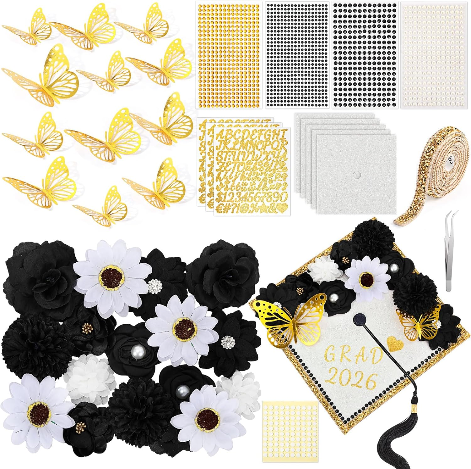 43 PCS DIY Graduation Cap Decorations Kit, Grad Cap Decorations Included Faux Flowers 3D Butterfly Self Adhesive Rhinestones Stickers Alphabet Letter Stickers for 2026 Grad Party(Black)