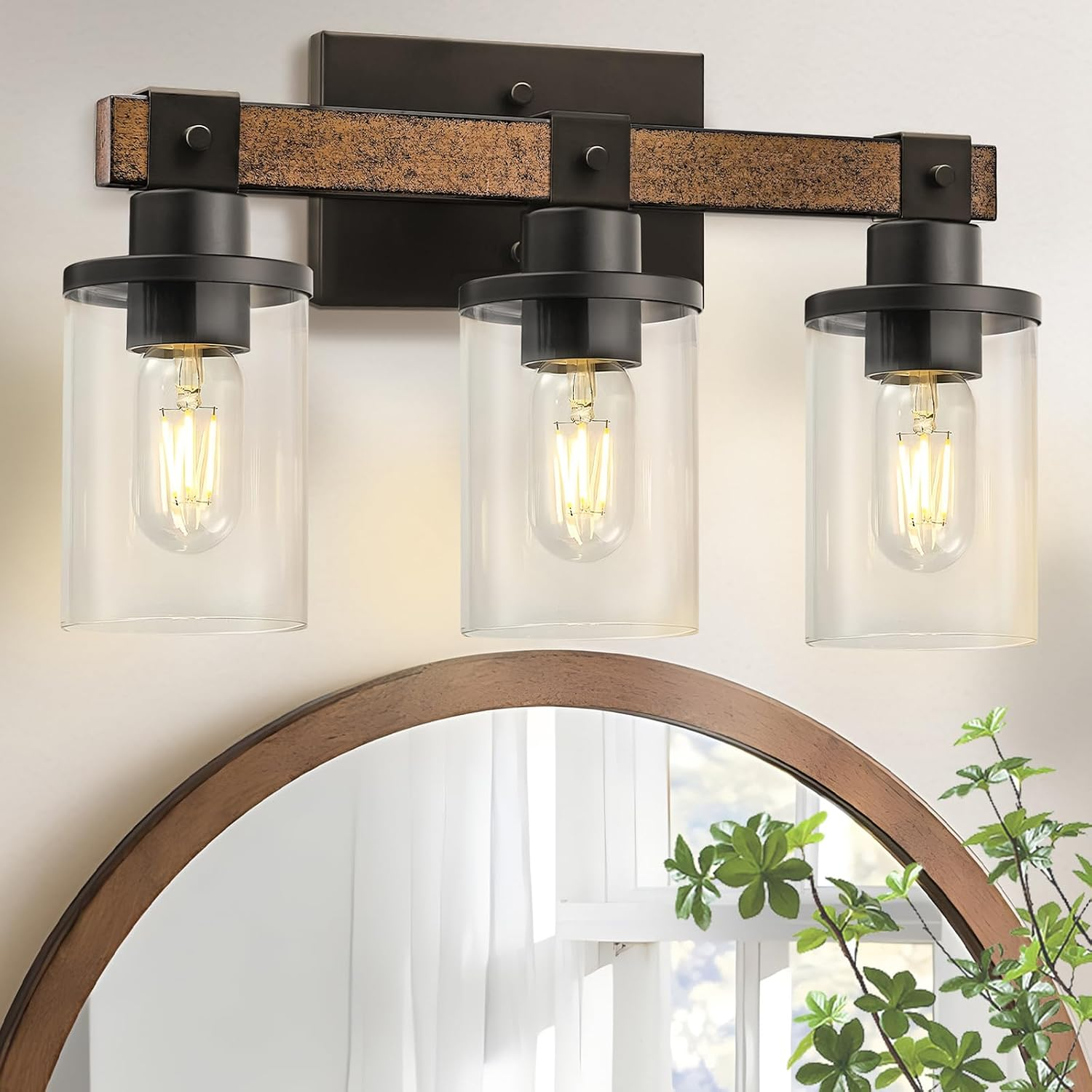 3-Light Bathroom Light Fixture, Farmhouse Vanity Lights for Bathroom with Glass Shade, Rustic Bathroom Light Fixtures, E26 Base F08BD05