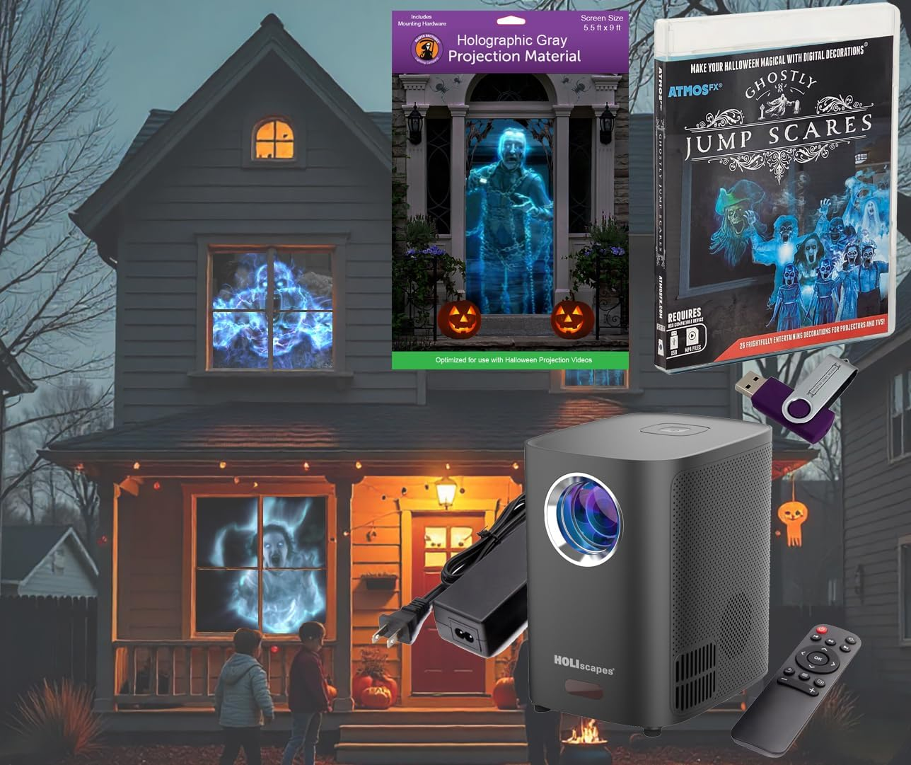 Holiscapes® USB Projector Kit - Ghostly Jump Scares + Projector + 5.5 Ft X 9 Ft Projection Screen