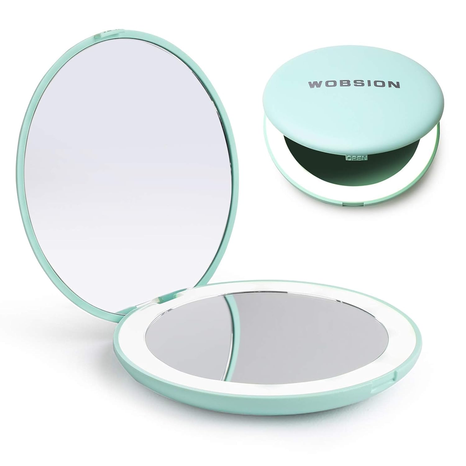WOBSION LED Lighted Travel Makeup Mirror, 1X/10X Magnification, Compact, Portable for Handbag, Purse, Pocket, 3.5 Inch Illuminated, Folding, Handheld, 2-Sided, Round, Cyan