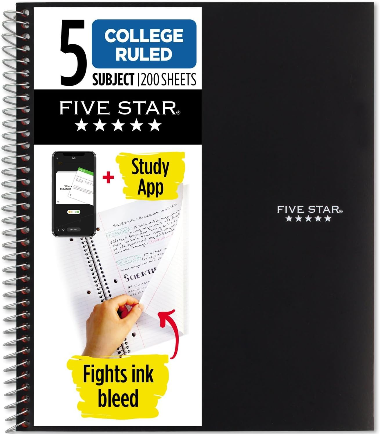 Five Star Spiral Notebook + Study App, 5 Subject, College Ruled Paper, 8-1/2