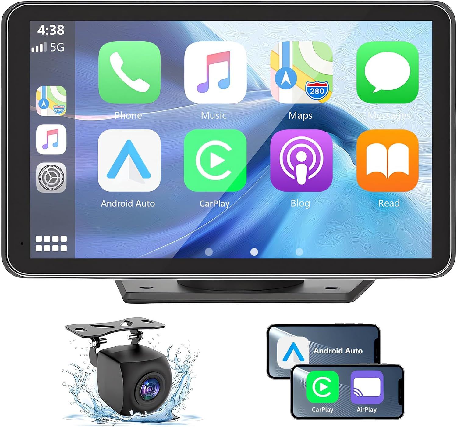 Wireless Car Stereo with Apple Carplay/Android Auto, Portable Touch Screen Car Radio Multimedia Player with Bluetooth, Backup Camera, Navigation, Mirror Link for All Vehicles