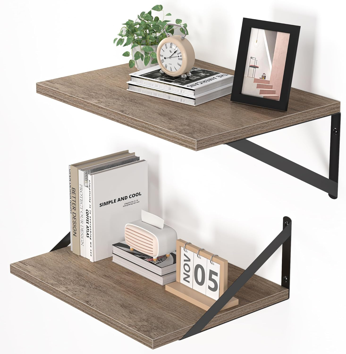 Deep Floating Shelves for Wall, 16W X 12D Rustic Grey Wood Wall Shelves Set of 2, Large Floating Shelf for Living Room, Kitchen, Office, Bedroom and Decor Storage, with Metal Bracket - Grey