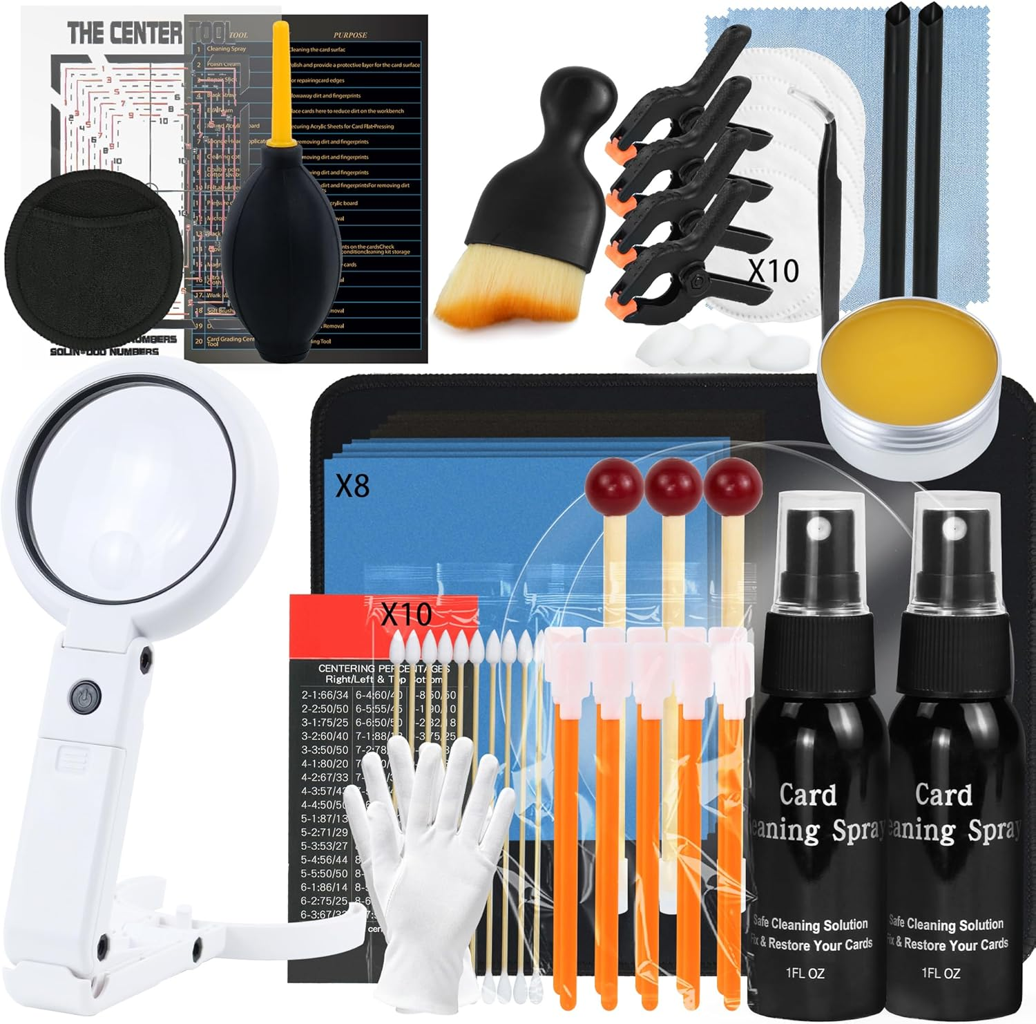 Upgraded Card Care Clean Kit, 21-In-1 Trading Card Cleaning and Polishing Restoration Kit with Led Magnifying Glass and Card Grading Centering Tool, Suitable for Graded Card Surface Care, 3.07