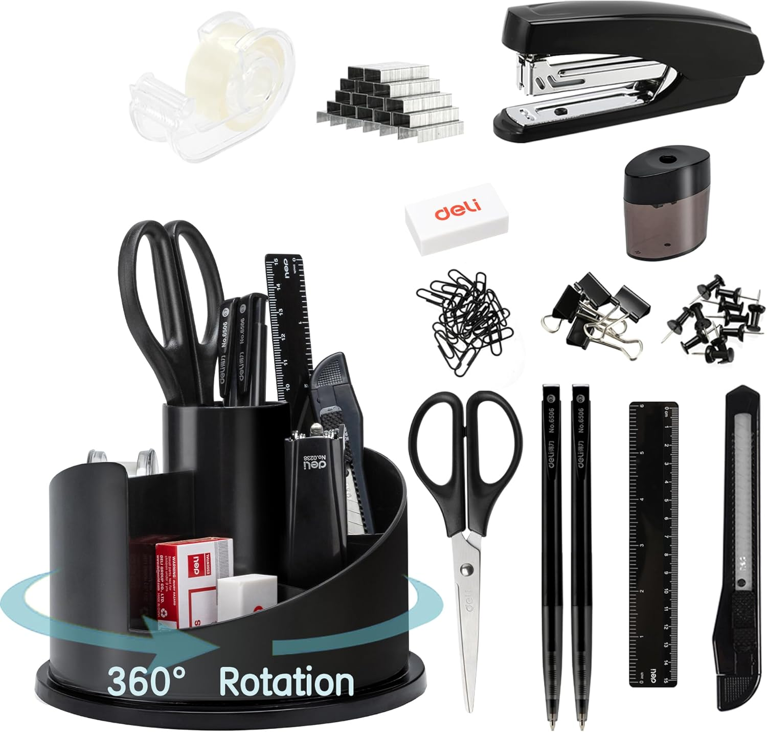 Office Supplies Set, 1045 Pcs-Desk Accessory Organizer Kit, Stapler Set, Rotating Multi-Functional Pen Holder, Tape Dispenser, Pens, Binder Clips, Sharpener, Scissor, Eraser, Black