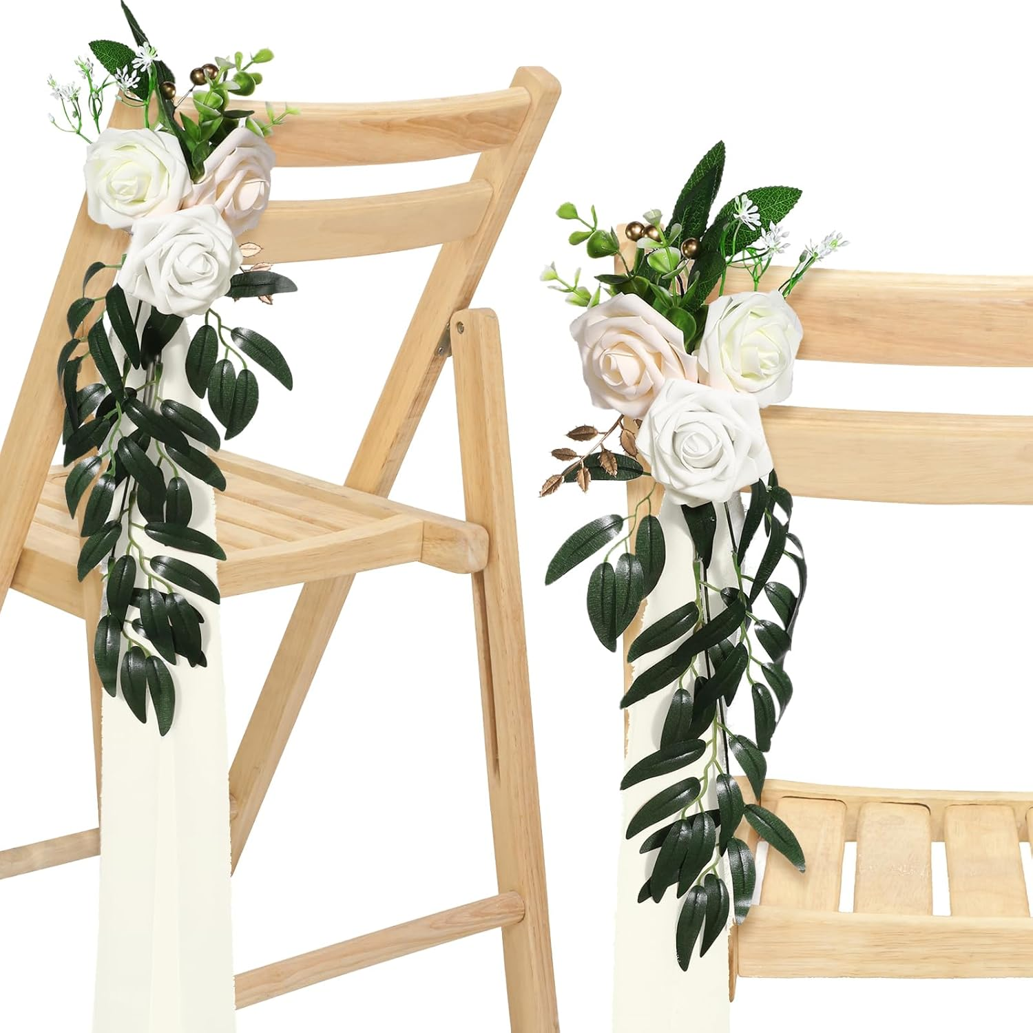 16 Pcs Wedding Aisle Decorations, Artificial Rose Pew Flowers Chair Flowers with Eucalyptus Leaves and Chiffon Ribbons for Church Chair Backs Ceremony Party Decor(White)