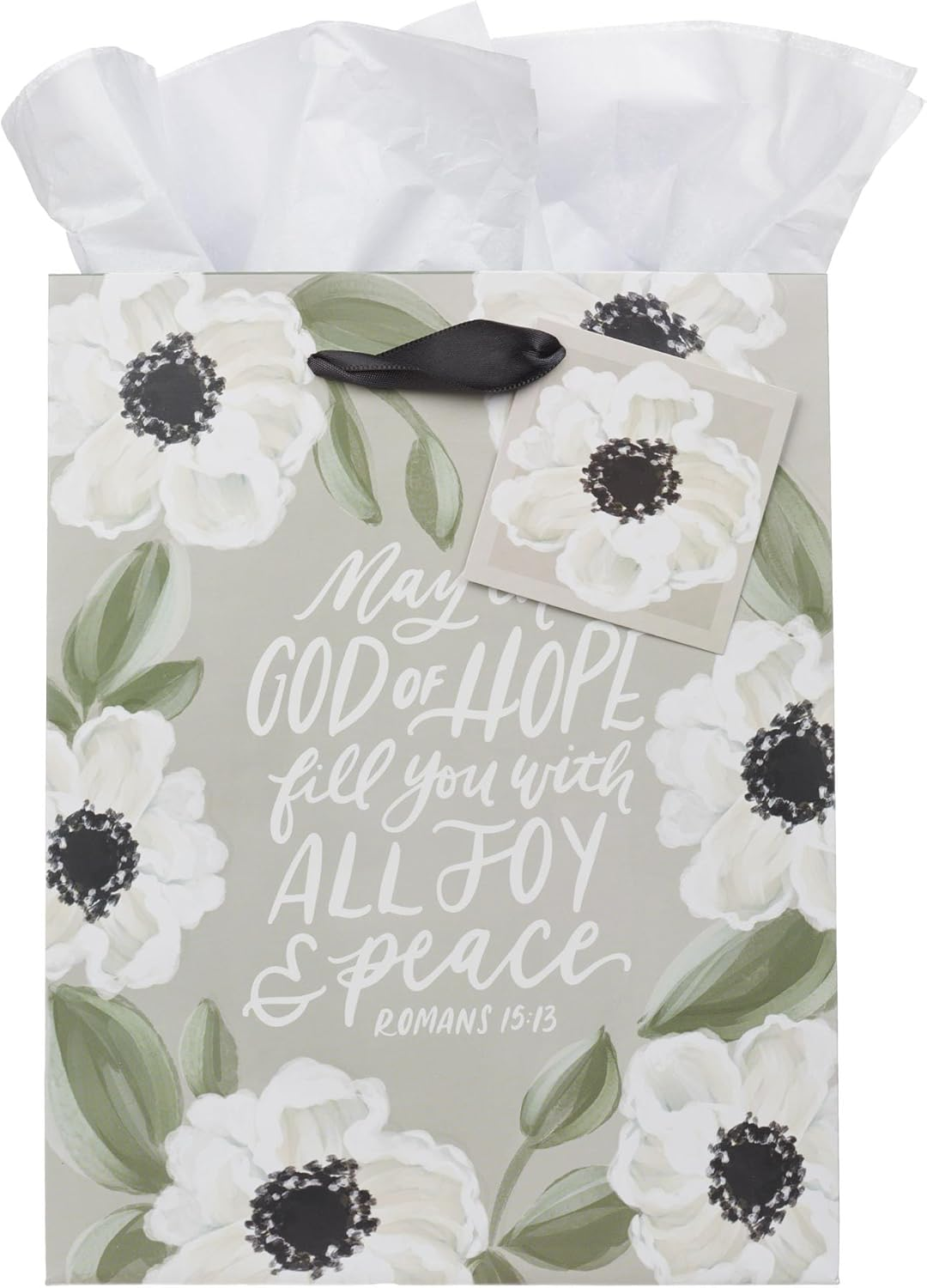Medium Portrait Inspirational Scripture Gift Bag, Tag & Wrapping Tissue Paper Set for Women: God of Hope Encouraging Bible Verse, Sturdy Satin Ribbon Handles, Gray/Black Floral