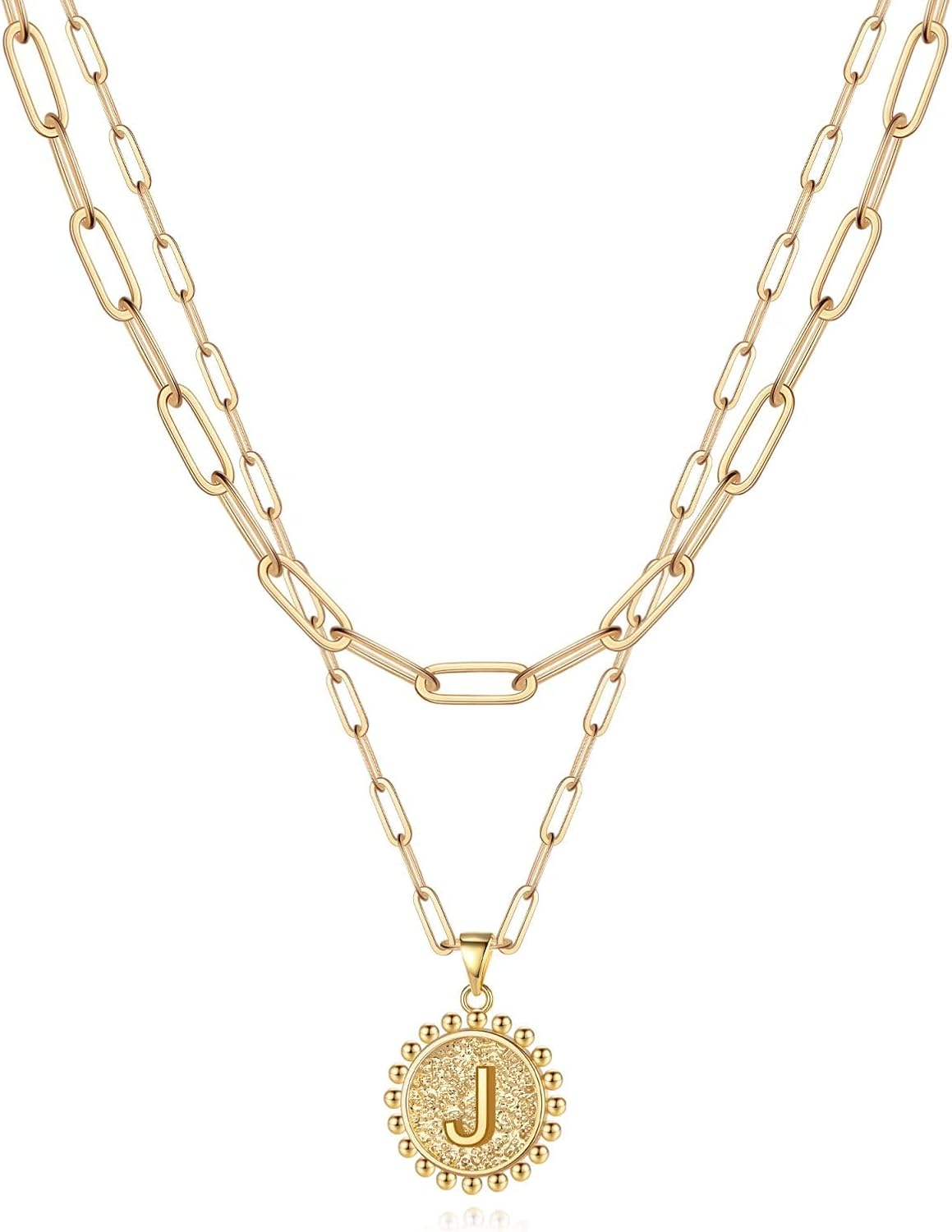 Christmas Gifts for Women, Gold Initial Necklaces for Women 14K Gold Plated Dainty Layering Paperclip Link Chain Necklace Coin Initial Layered Necklace Birthday Gifts Stocking Stuffers