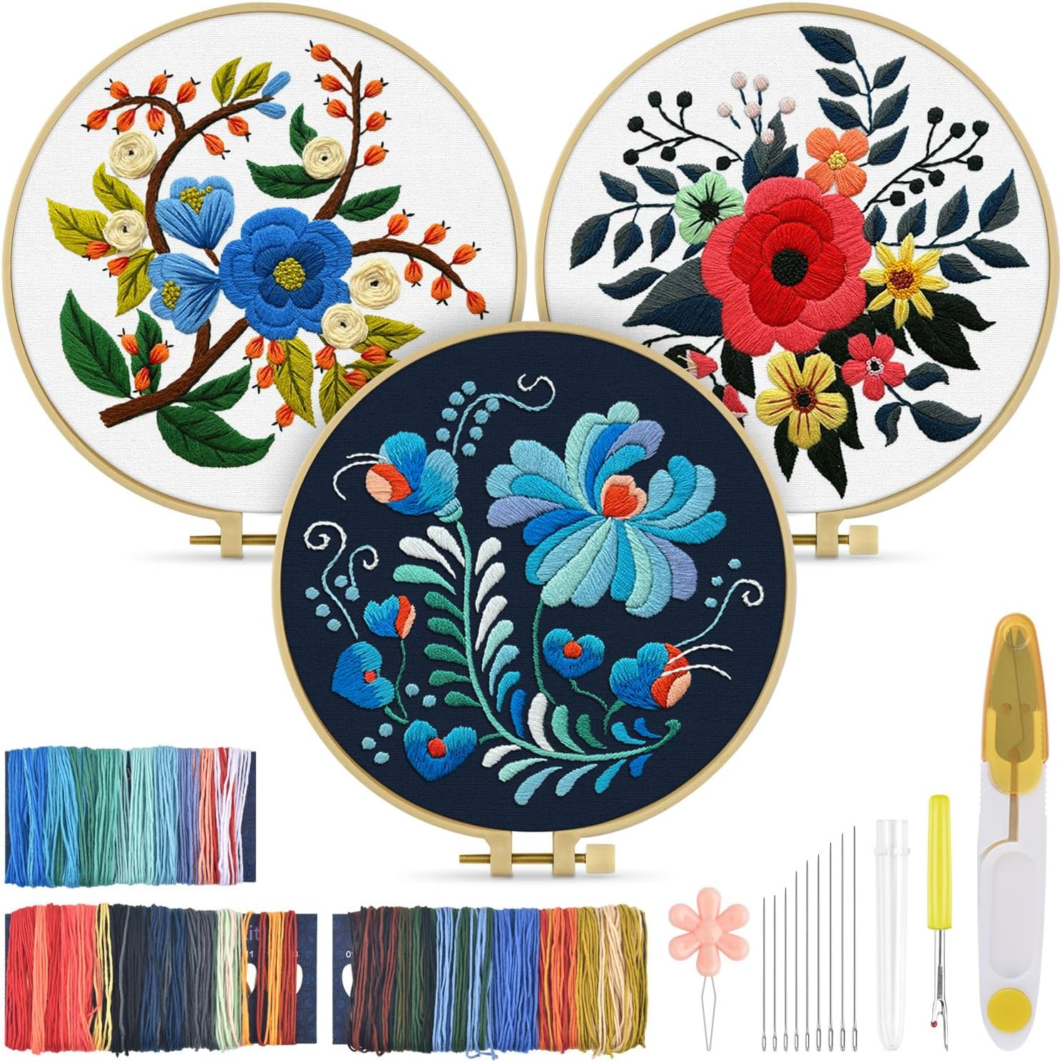 3 Sets Embroidery Kit for Adults, Floral Embroidery Practice Kit for Beginners Include Embroidery Cloth Hoops Threads for Craft Lover Hand Stitch with Embroidery Skill Techniques