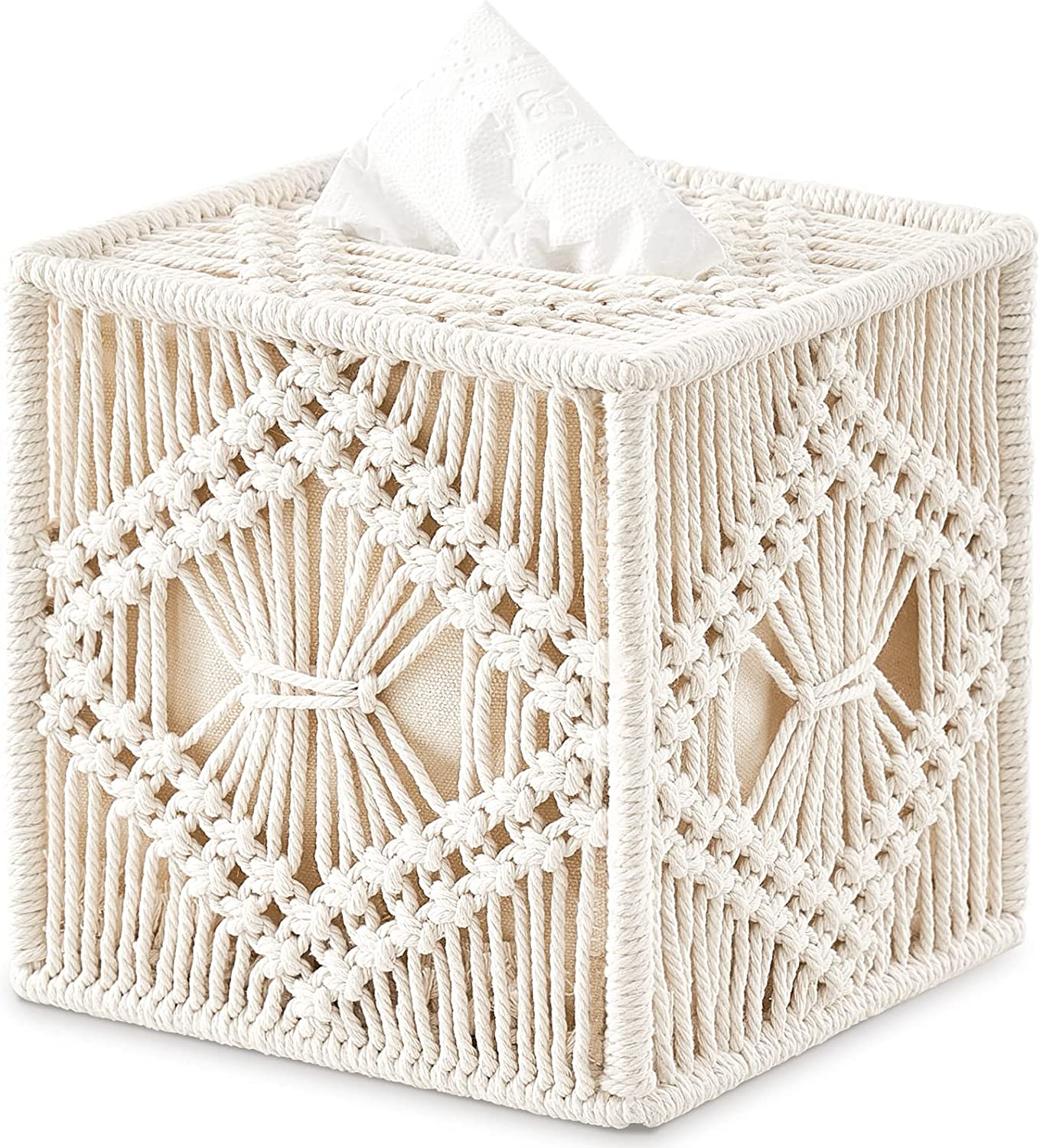 Macrame Tissue Box Cover Boho Woven Square Tissue Holder Bathroom Bedroom Decor