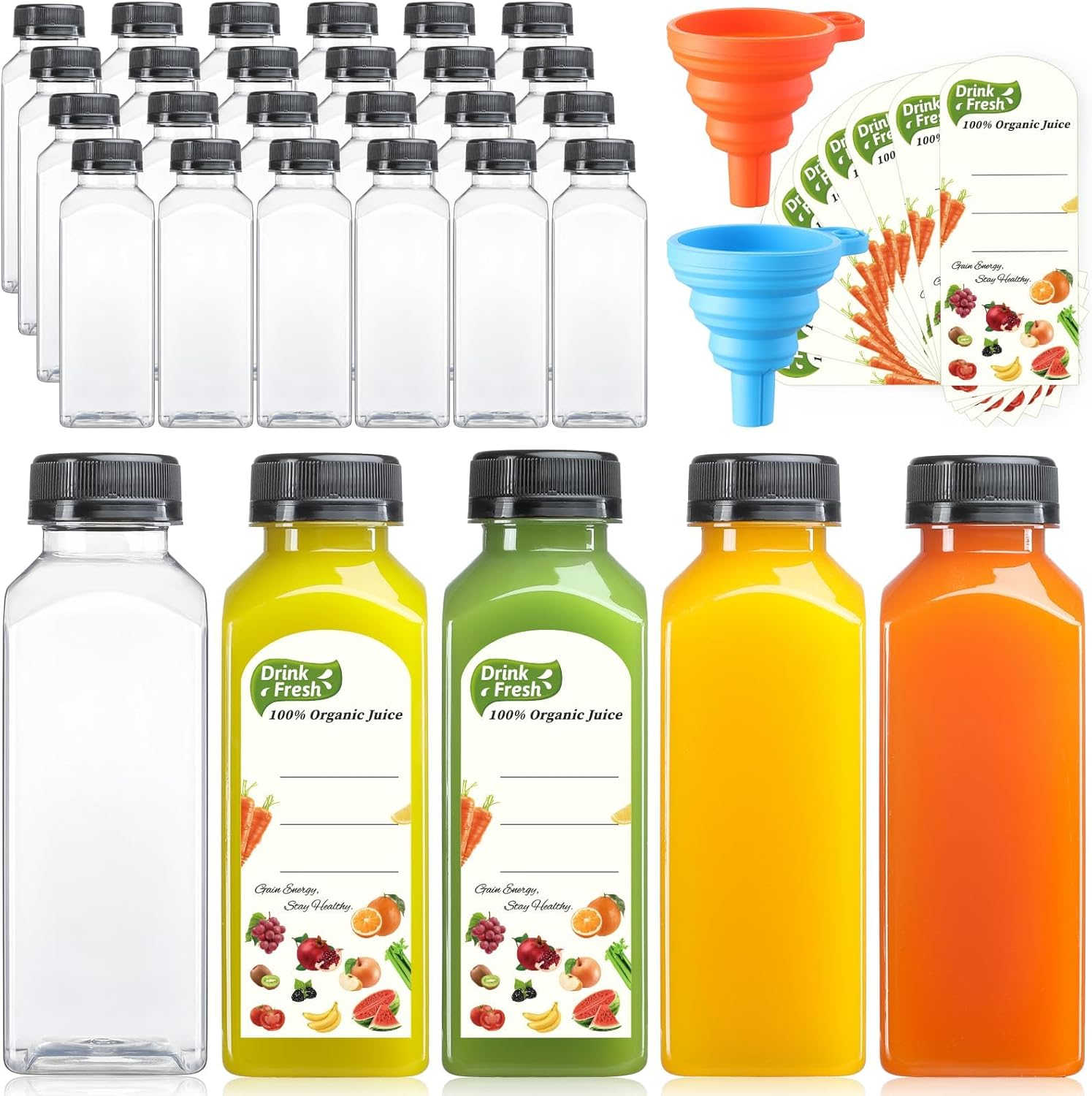 24 PACK, 12 OZ Reusable Plastic Juice Bottles with Caps, plus 24 Labels & 2 Silicone Funnels - Clear Juicing Bottles for Juice, Smoothies, Ginger, Tea, Coffee - Food Grade & Leakproof Travel Bottles