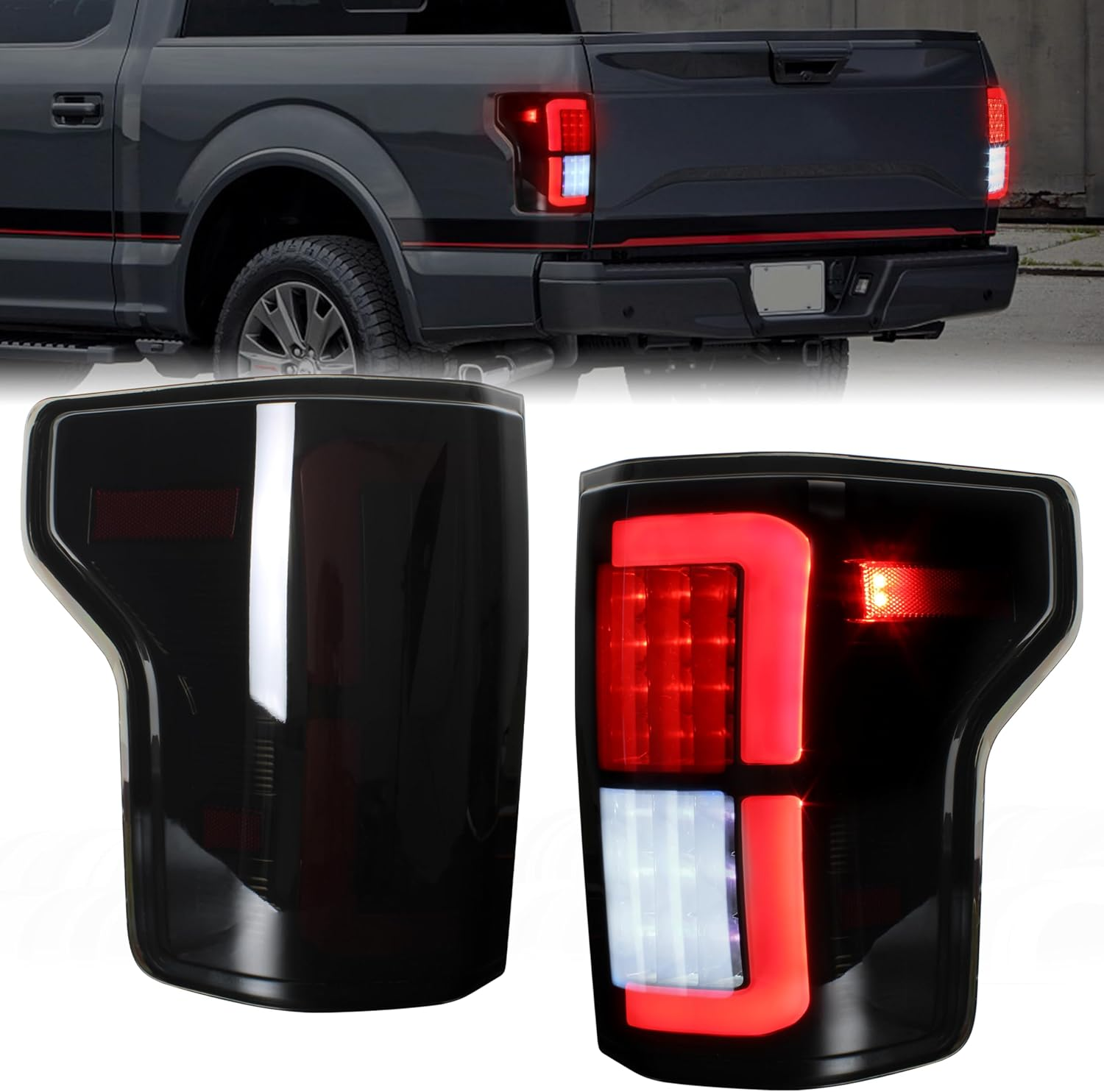 LED Tail Lights Assembly Kit for F150, New Upgraded Smoked Black LED Taillights Brake Rear Lamps Parking Light for Ford F-150 2015-2017 Accessories (2PCS, Driver & Passenger Side)