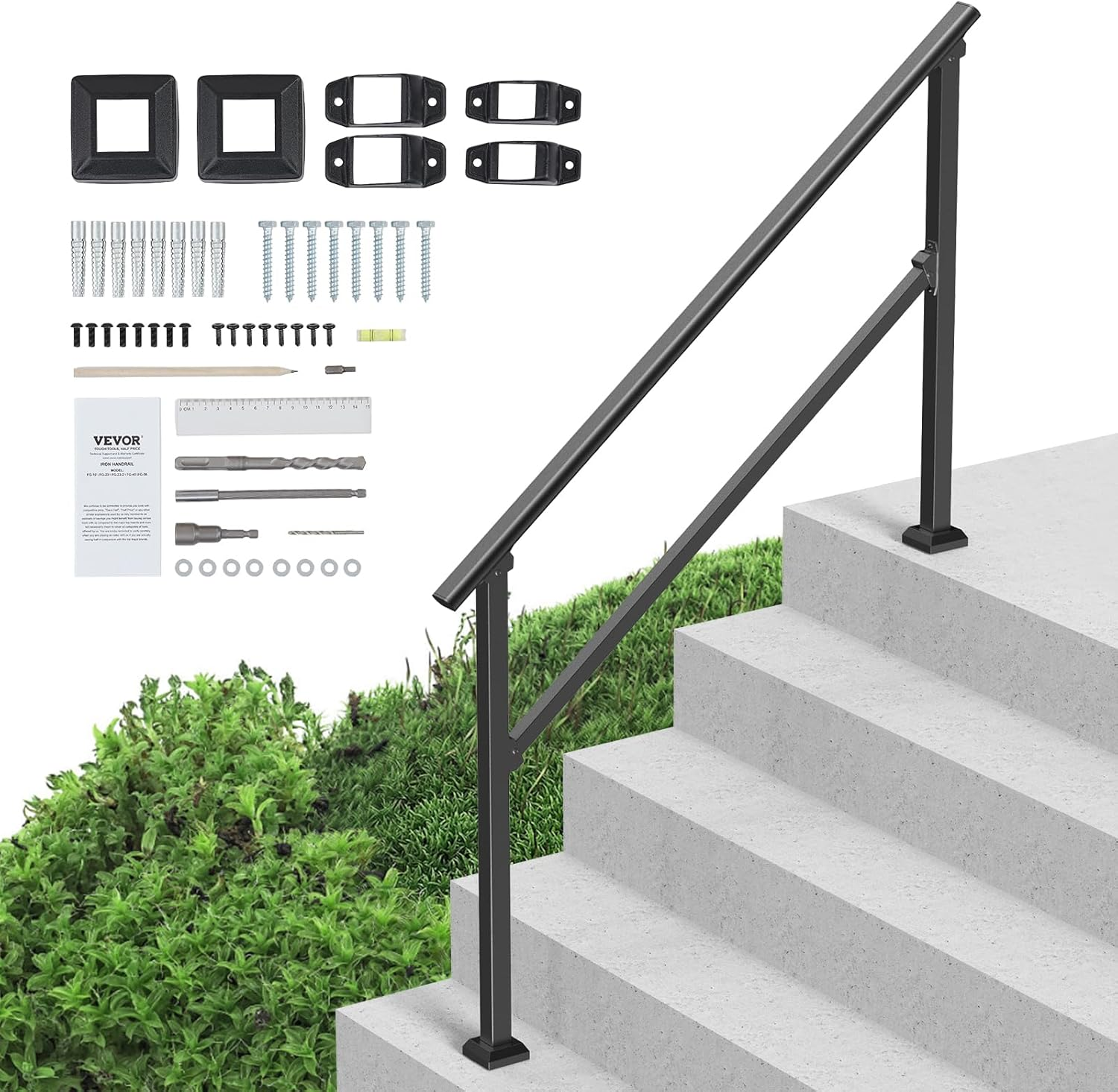 Handrails for Outdoor Steps, 4 Step Stair Hand Rail Kit, Transitional Carbon Steel Railings with Installation Kit, Stair Rails for Seniors, Concrete Steps & Porch & Deck, Black Square Tube