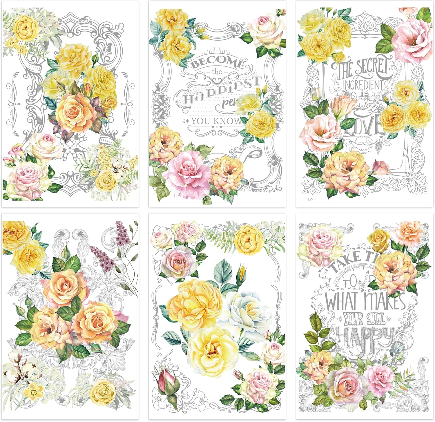Rub on Transfers for Furniture and Crafts: 6 Pcs Pink White Yellow Rose Rub on Transfer Crafting, Large Vintage Flower UV DTF Sticker Decals for Wood Tables Walls Glass DIY Home Decor(8.3×12-in)