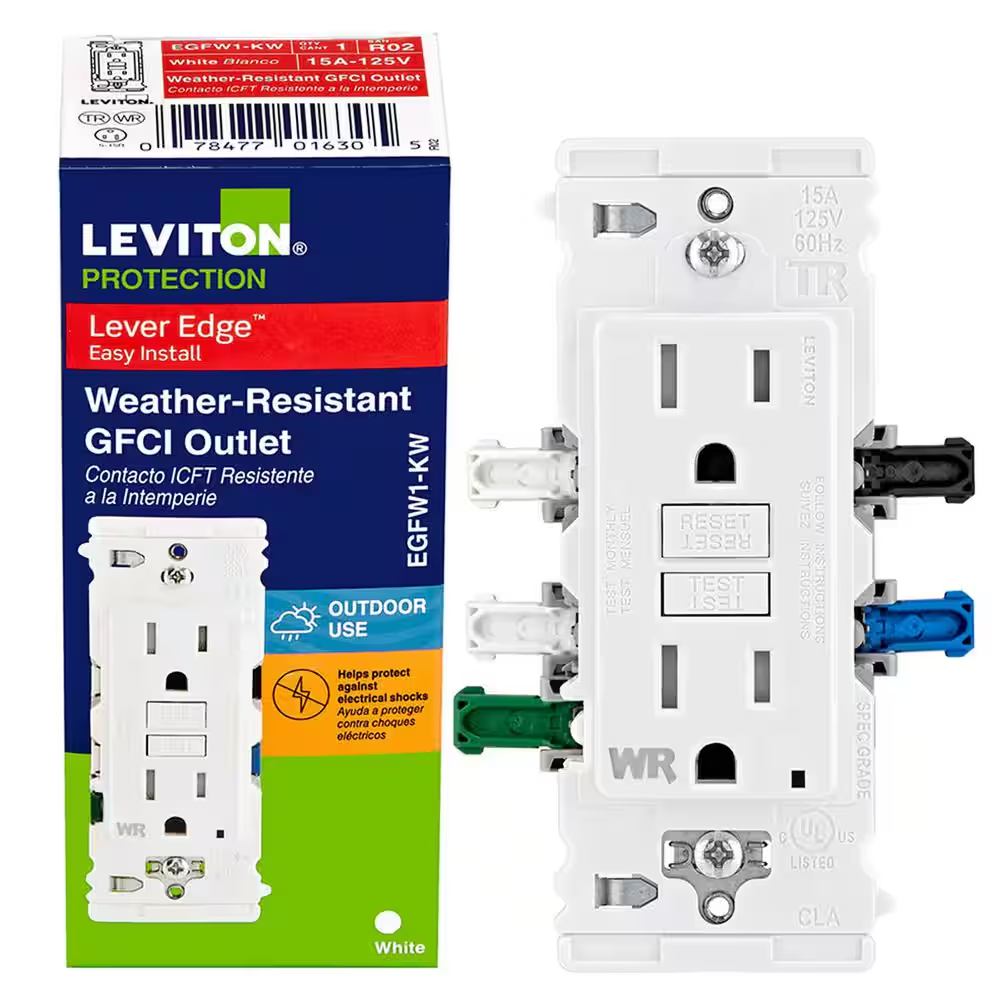 Lever Edge 15 Amp 125 Volt Self-Test Tamper/Weather Resistant GFCI Duplex Outlet/Receptacle, White (1-Pack) EGFW1-KW