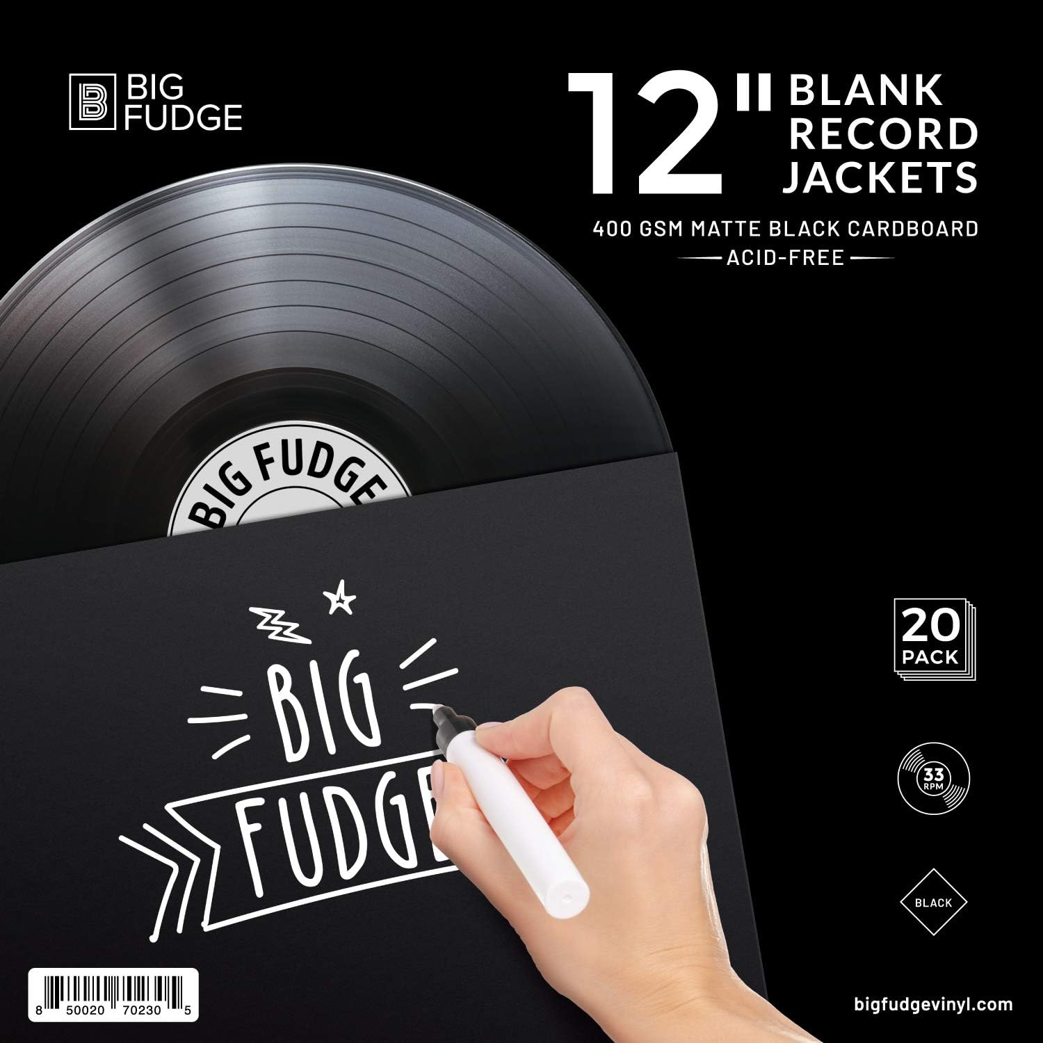 BIG FUDGE Pro Blank Album Jackets 12 Inch Black 20 Vinyl Record Covers
