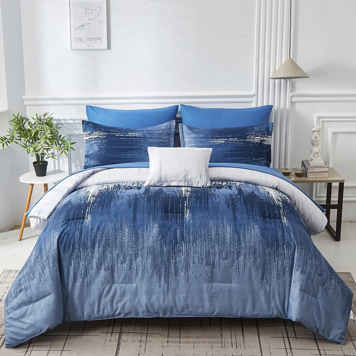 Ombre Blue Comforter Set Queen Size Reversible Gradient Blue Grey Boho Bedding Set for Men Women 8 Pieces Bed in a Bag Bohemian Bed Set with Comforter, Sheets, Pillowcases & Shams, Cushion Cover