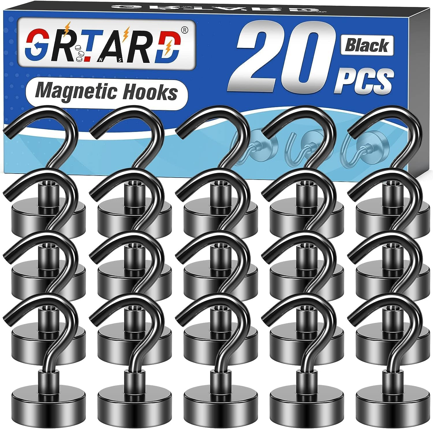 20Pack Black Magnetic Hooks Heavy Duty, 25LBS Neodymium Magnet Hooks for Cruise, Strong Magnetic Hooks for Hanging, Magnets with Hooks for Home, Kitchen, Workplace, Office