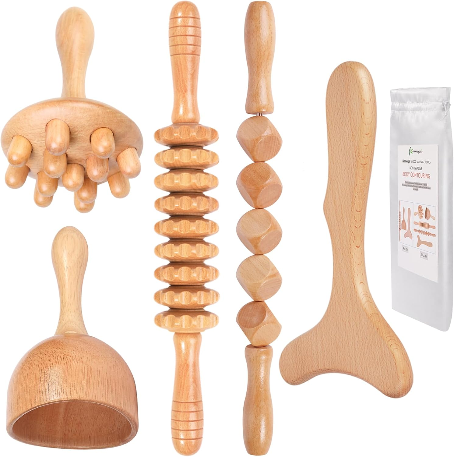 Wood Therapy Massage Tools 5-In-1 Lymphatic Drainage Massager Maderoterapia Kit Wooden Massager Body Sculpting Tools for Muscle Pain Relief, Anti-Cellulite, Body Contouring and Shaping
